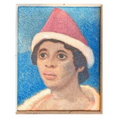 "Girl with Red Hat, " Brilliantly-Hued Portrait in Blue and Red by Julius Bloch