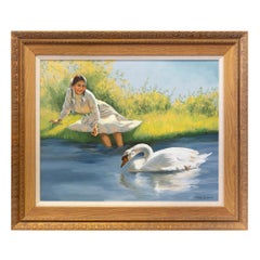 "Fille avec cygne" - Peinture à l'huile originale de Peter Darro