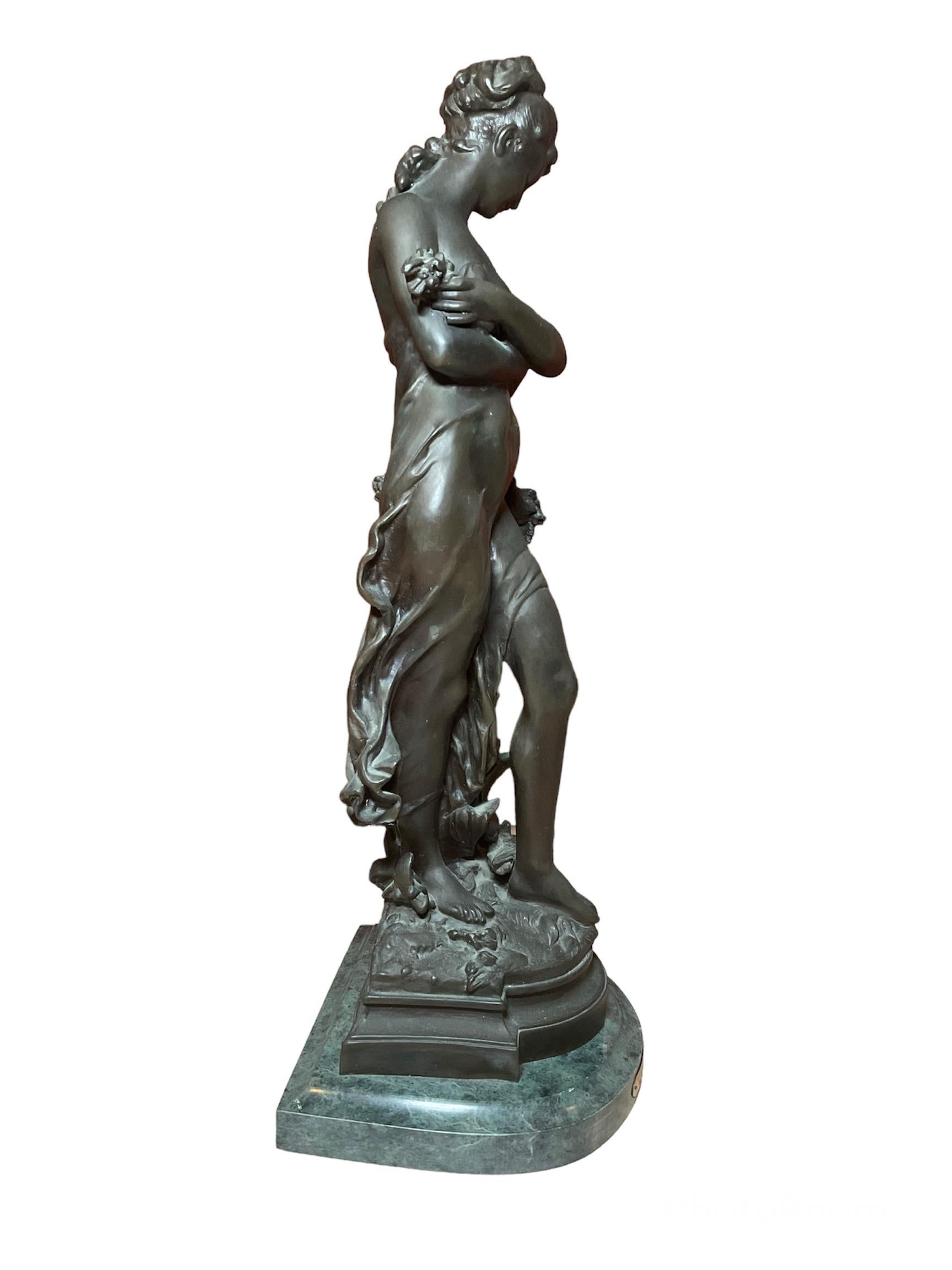 French Girl with Wheat Bronze Sculpture by Hippolyte Moreau For Sale