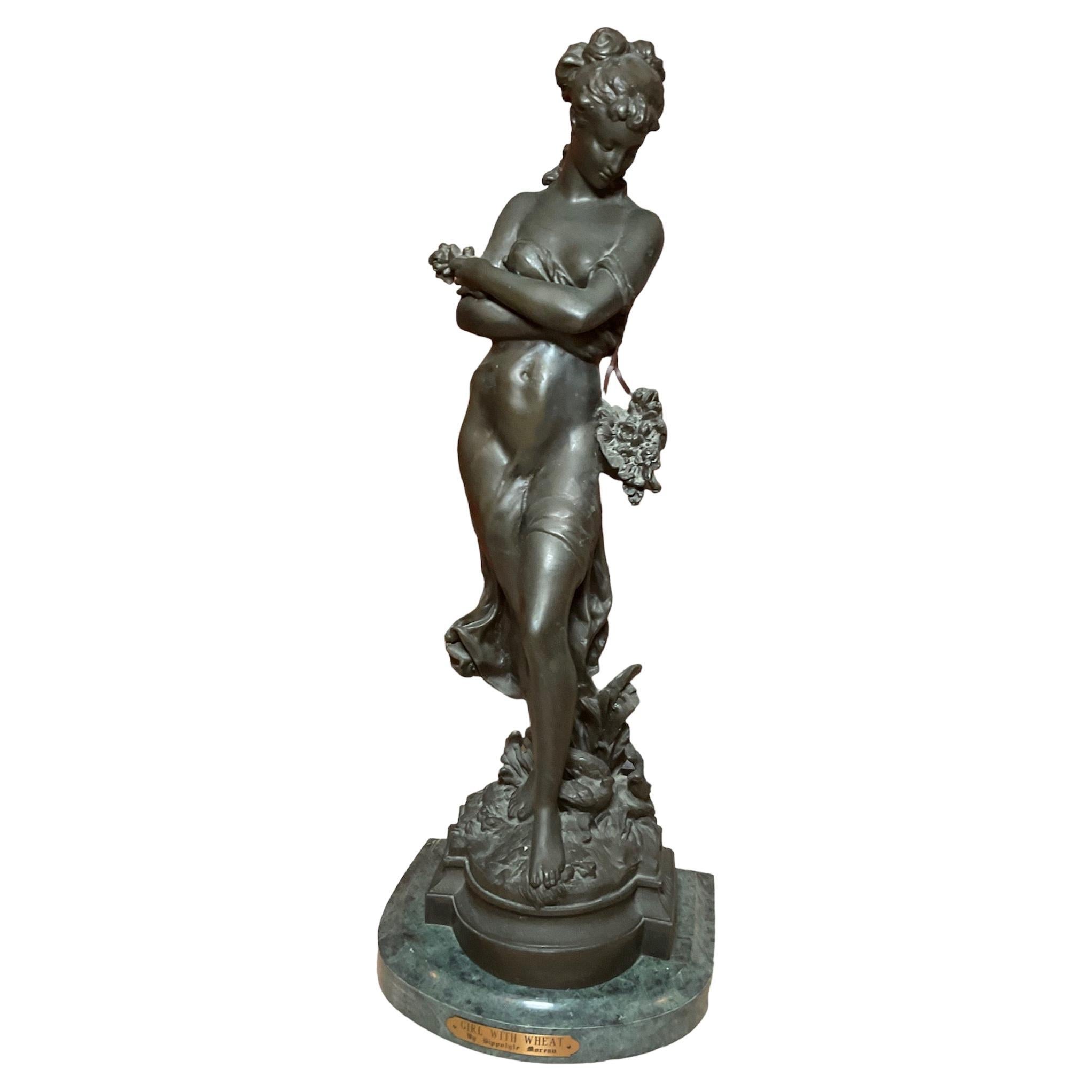 Girl with Wheat Bronze Sculpture by Hippolyte Moreau For Sale