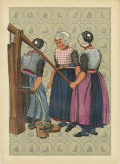 Niñas de Urk en Holanda en la bomba del pueblo con ropa de trabajo tradicional, 1932