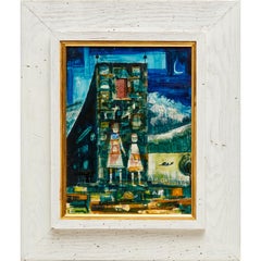 Girls on Stone Wall by T.R. Dibble, 1954, Mid-Century American Folk Art Painting