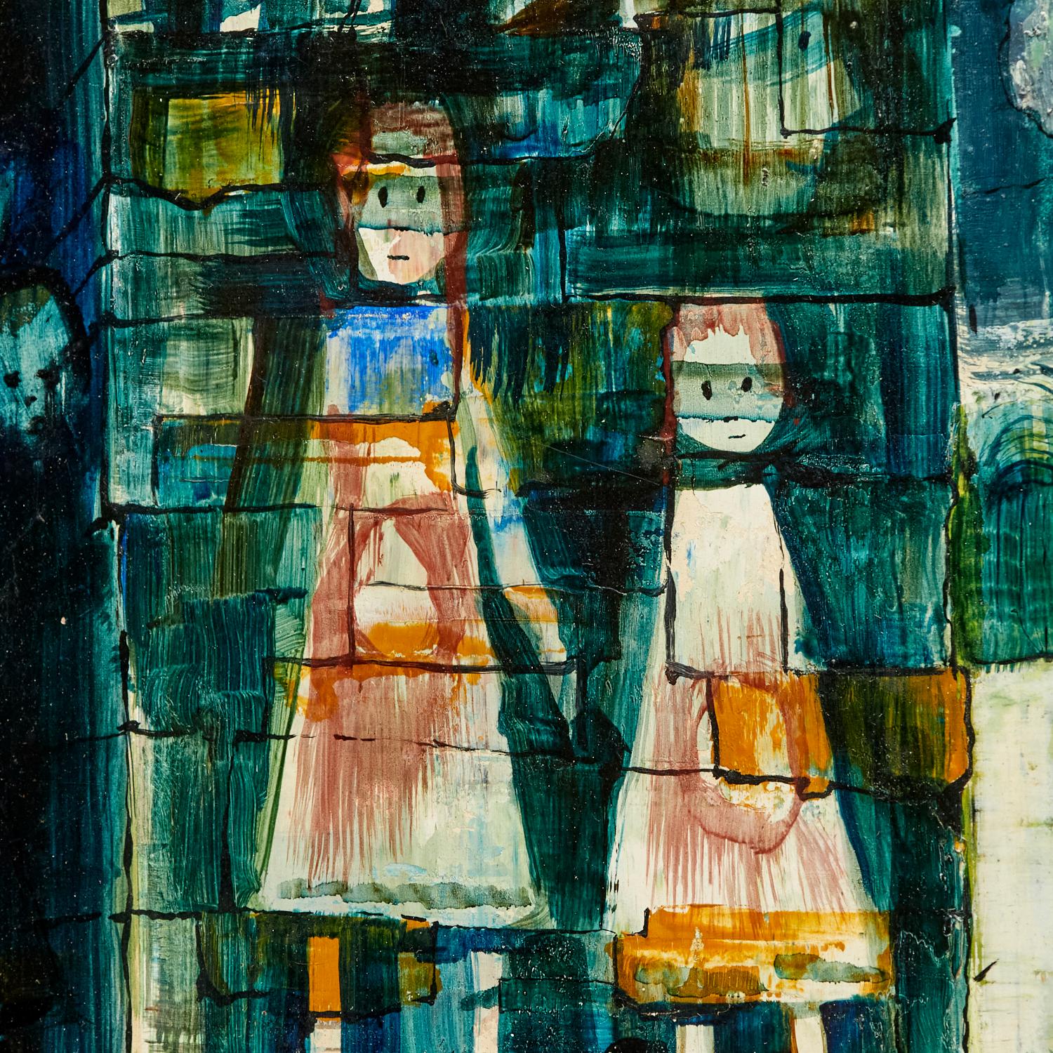 Chicas en el Muro de Piedra por T.R. Dibble, 1954, Pintura folclórica americana de mediados de siglo Estadounidense en venta