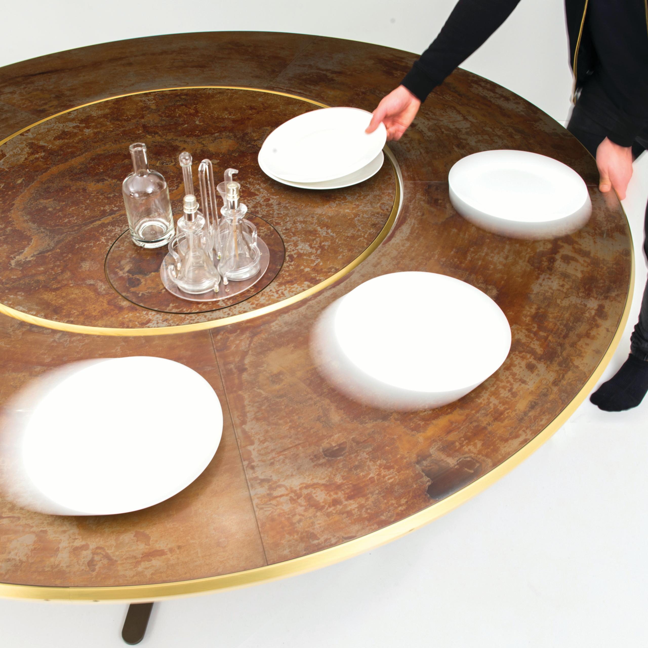 Modern Giro Circular Rotating Dining Table, Treated Iron and Brass by Mario Milana For Sale