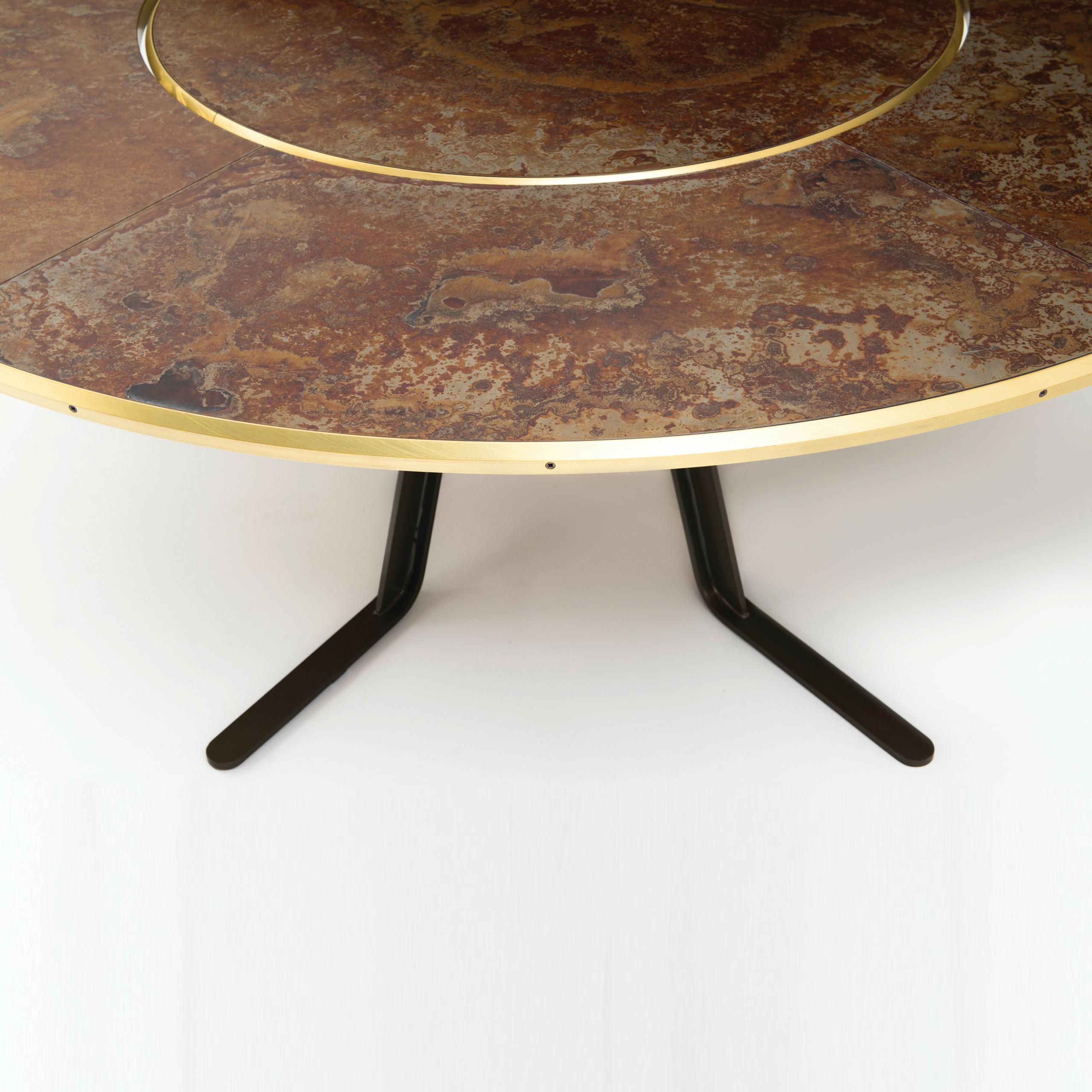 Italian Giro Circular Rotating Dining Table, Treated Iron and Brass by Mario Milana For Sale