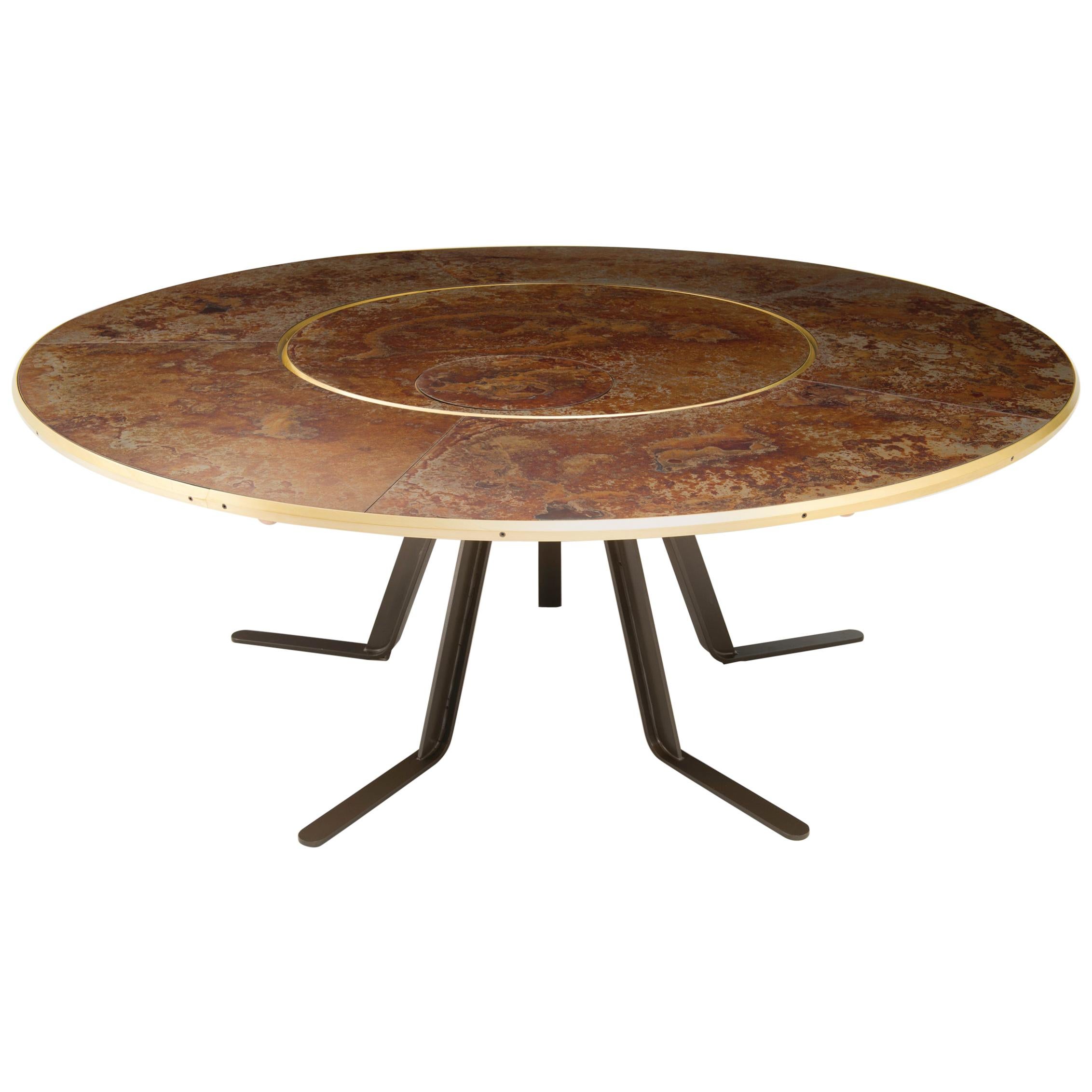 Giro Circular Rotating Dining Table, Treated Iron and Brass by Mario Milana For Sale