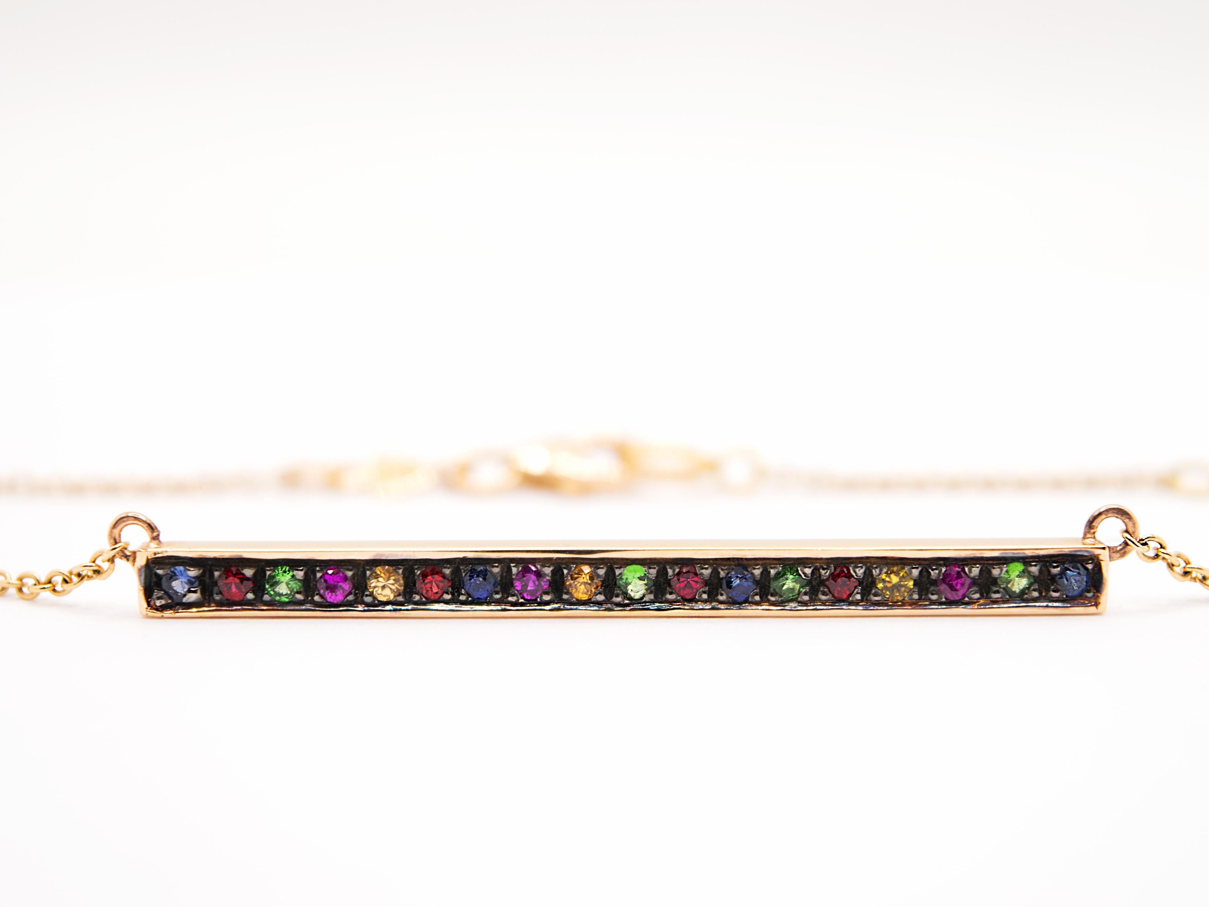 Contemporary Bar Necklace In 18 Kt Rose Gold, Sapphires, Rubies and Tzavorite For Sale