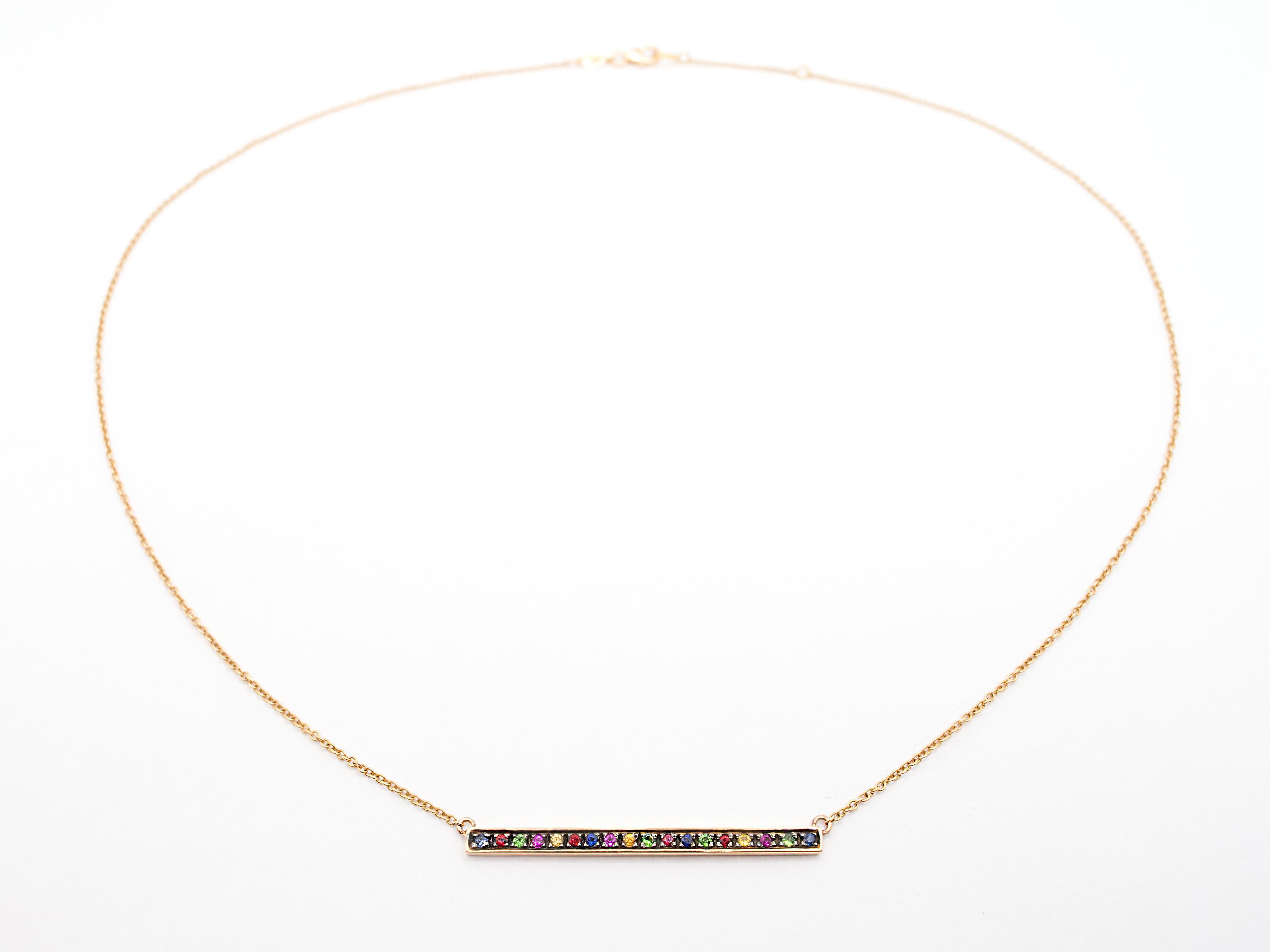 Women's or Men's Bar Necklace In 18 Kt Rose Gold, Sapphires, Rubies and Tzavorite For Sale