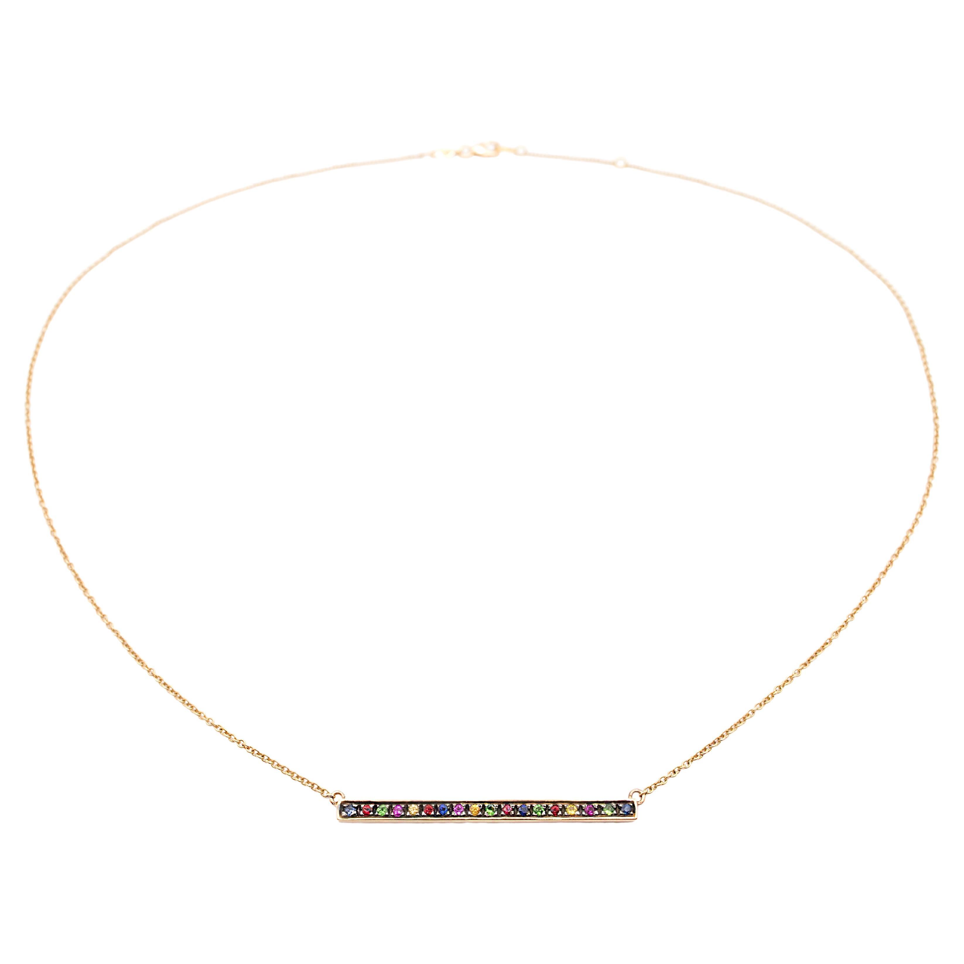 Bar Necklace In 18 Kt Rose Gold, Sapphires, Rubies and Tzavorite