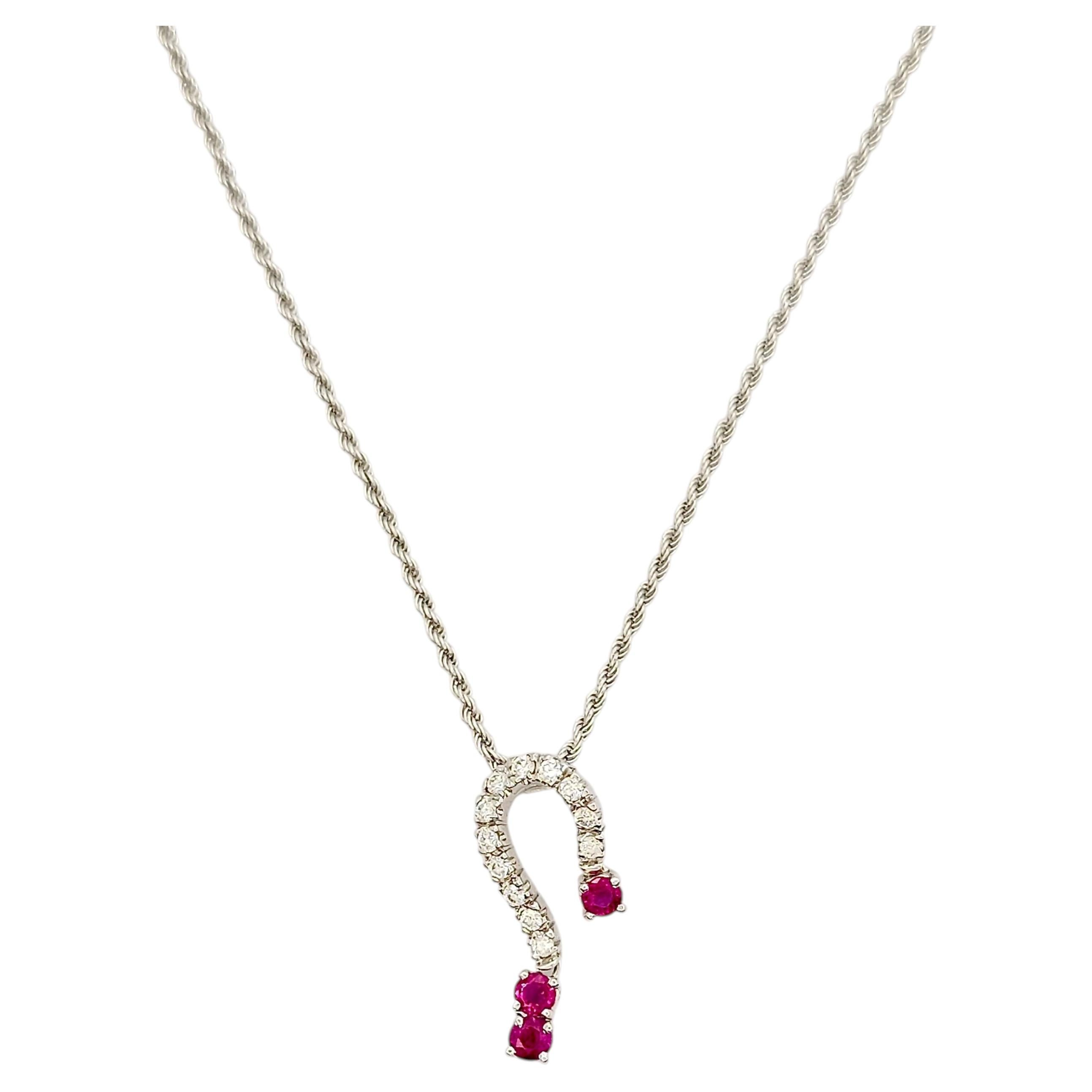 Necklace with Question Mark Pendant in 18K White Gold, Diamonds and Rubies For Sale
