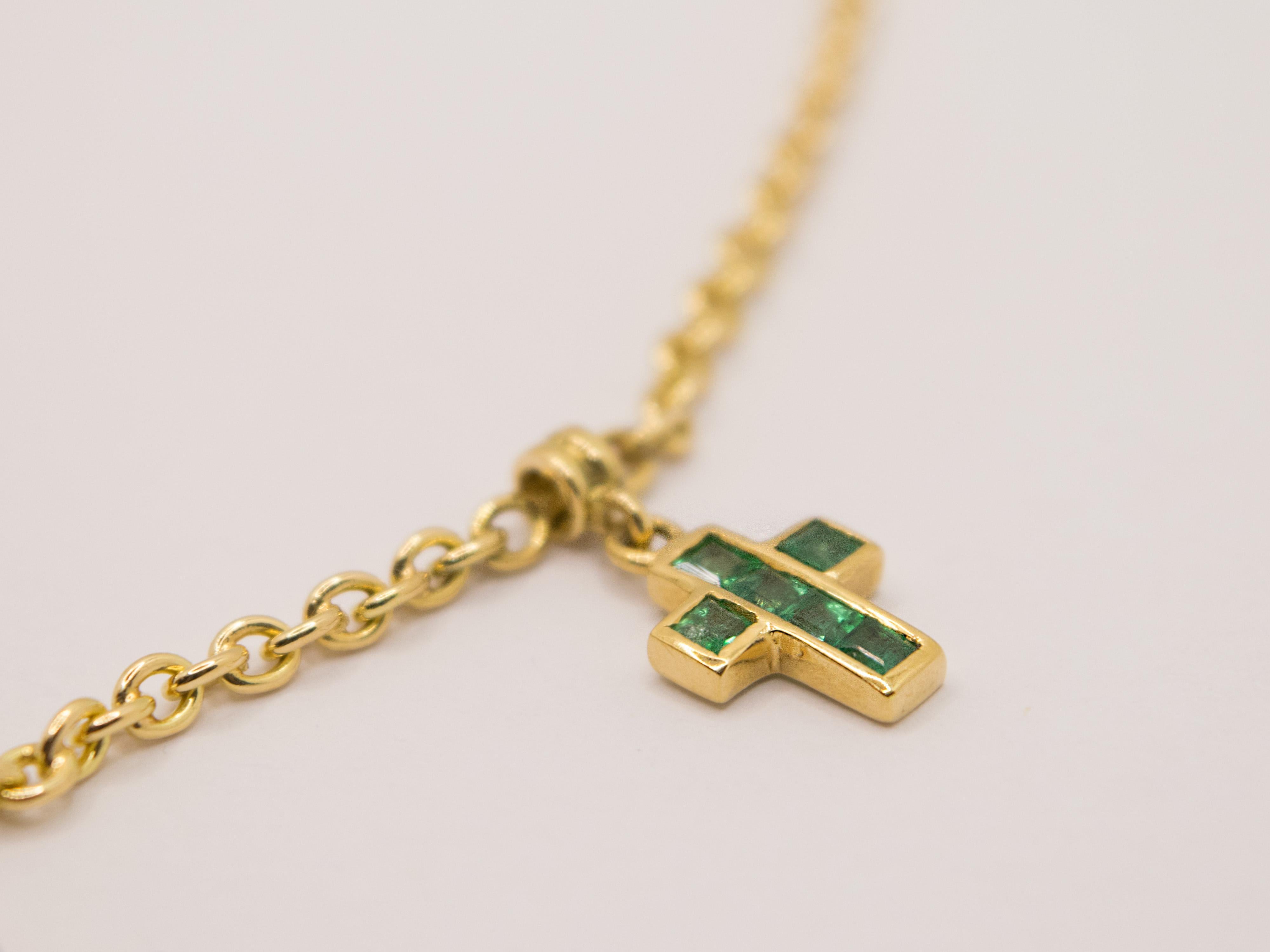 Modern 18KT Gold Necklace with 7 Multicolored Vintage Crosses For Sale