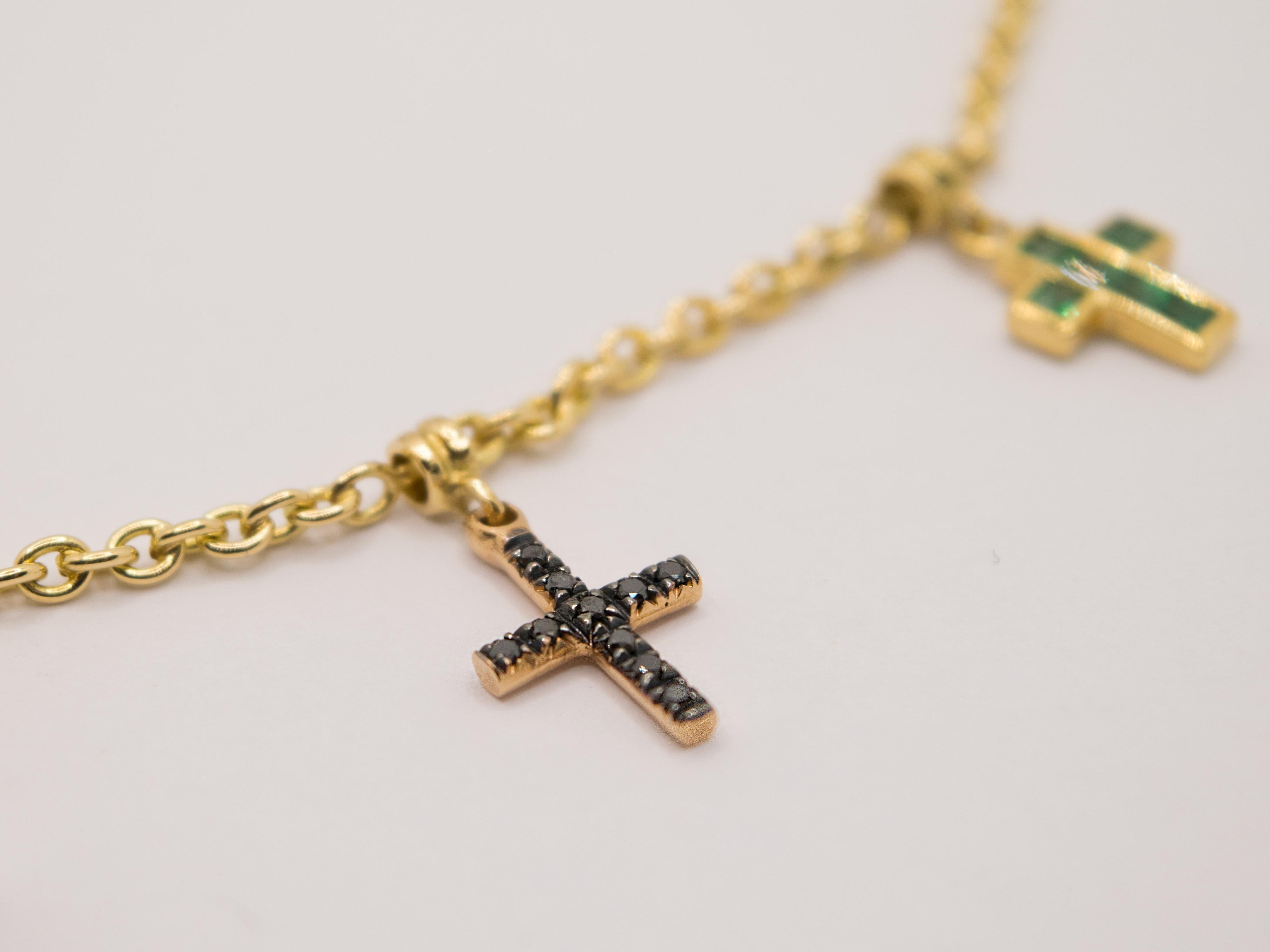 Mixed Cut 18KT Gold Necklace with 7 Multicolored Vintage Crosses For Sale