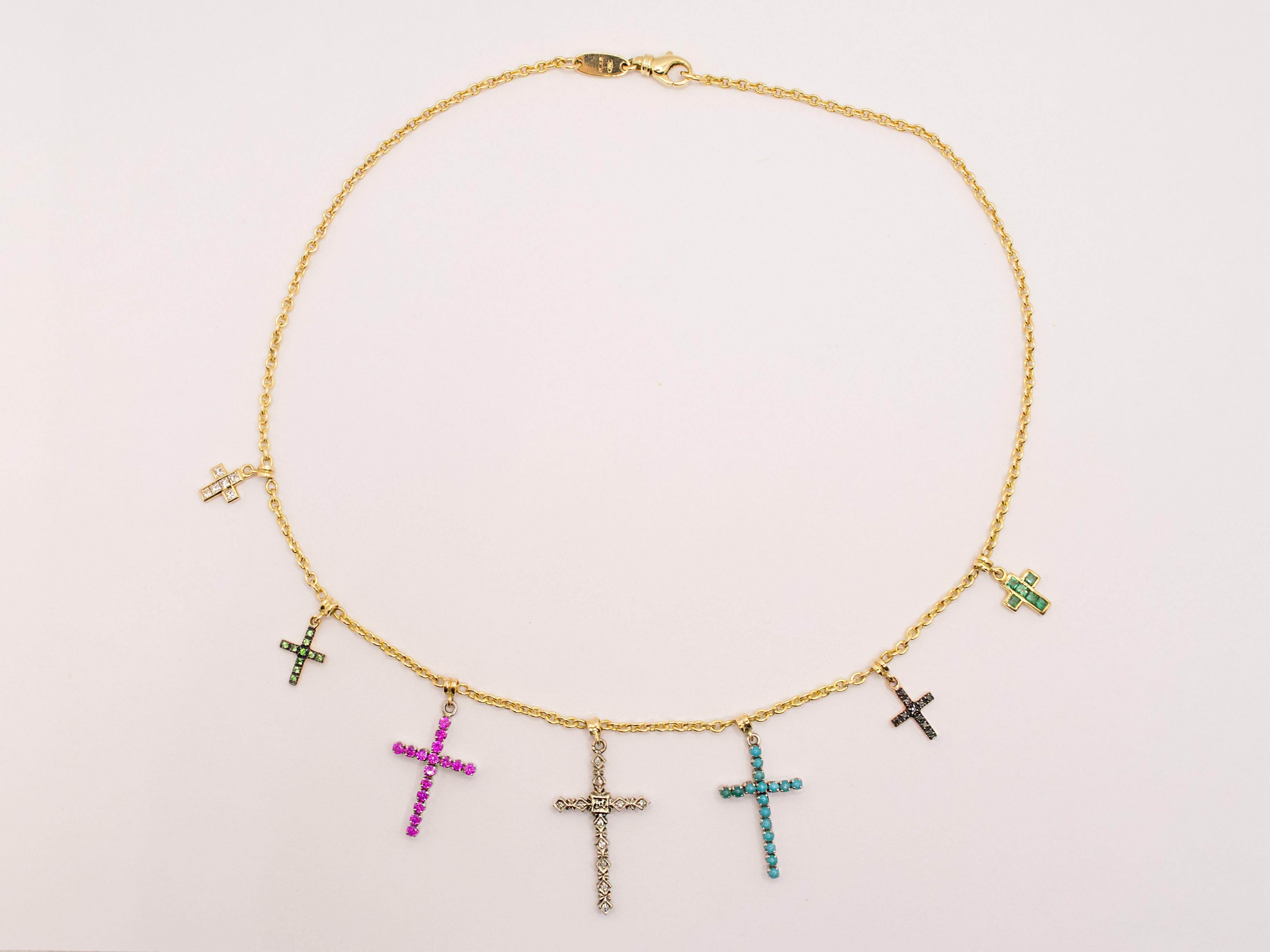 18KT Gold Necklace with 7 Multicolored Vintage Crosses For Sale 1