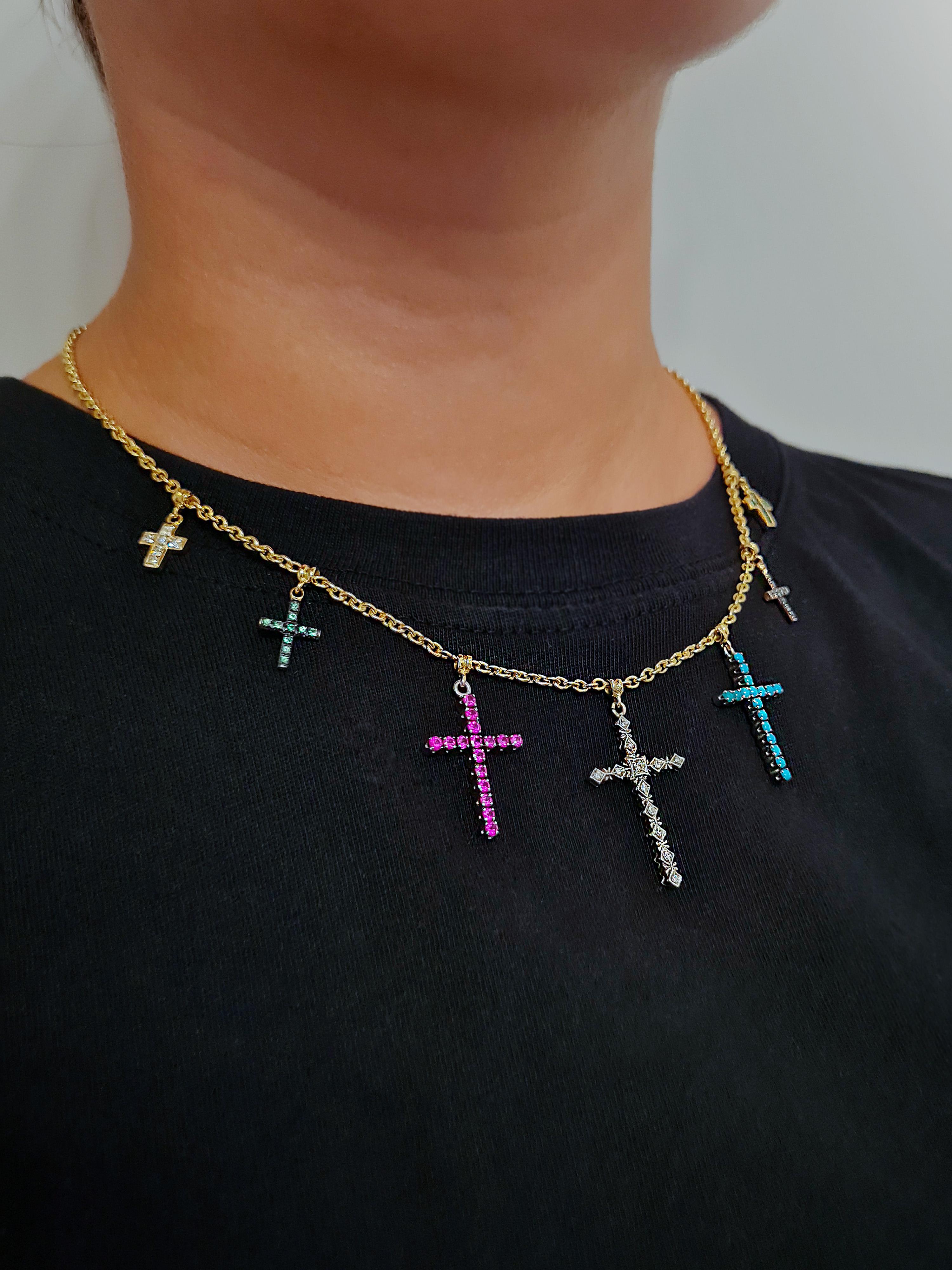 18KT Gold Necklace with 7 Multicolored Vintage Crosses For Sale 2