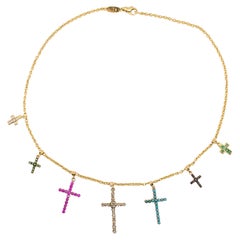 Girocollo in Oro 18KT con 7 Croci Multicolore Vintage