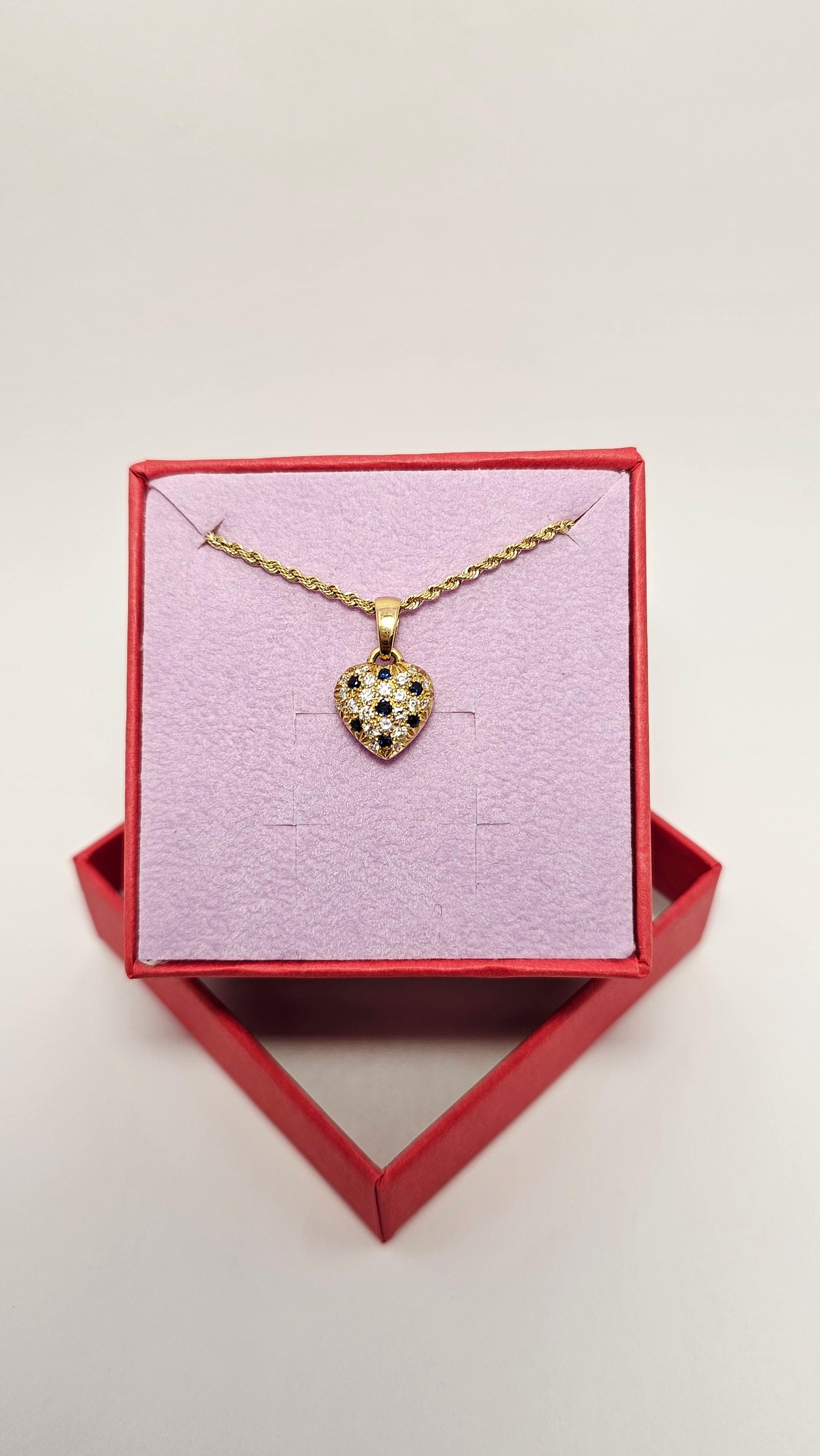 Women's or Men's 18Kt Gold Necklace, with Heart Pendant in Diamonds and Blue Sapphires For Sale