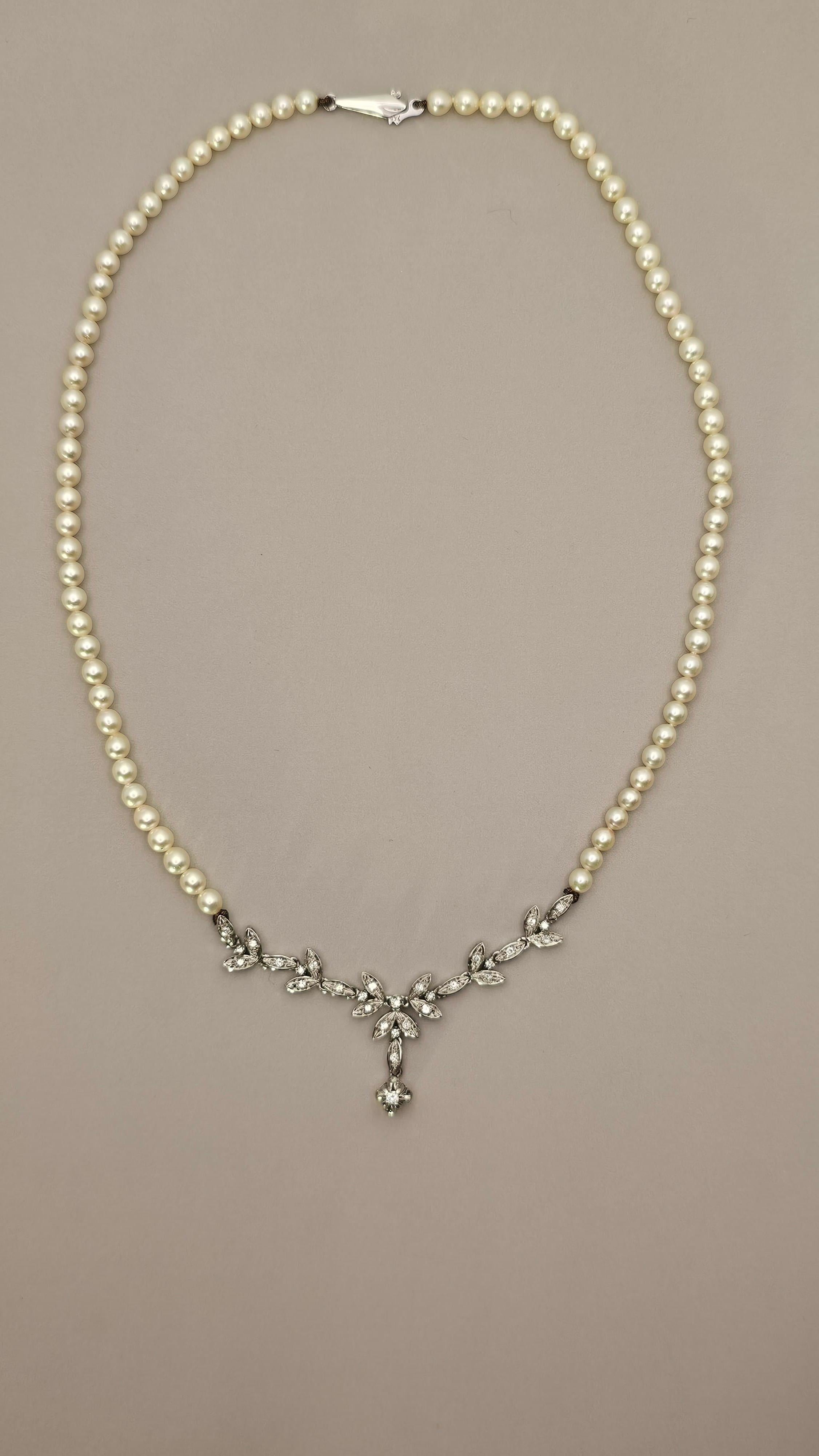 Art Nouveau White Gold, Japanese Pearls and Diamonds Necklace For Sale