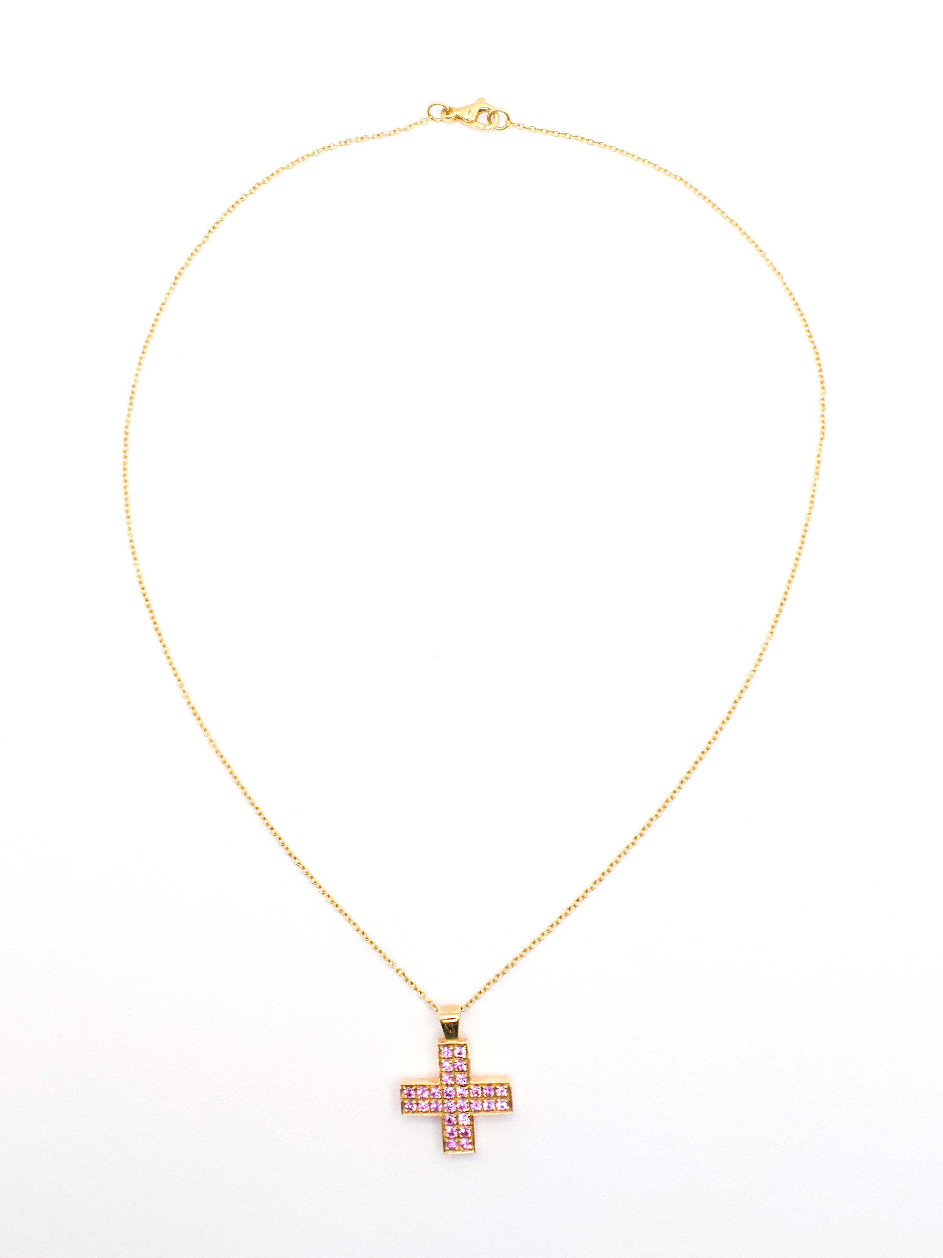 Contemporary 18 Kt Rose Gold and Pink Sapphire Cross Necklace For Sale
