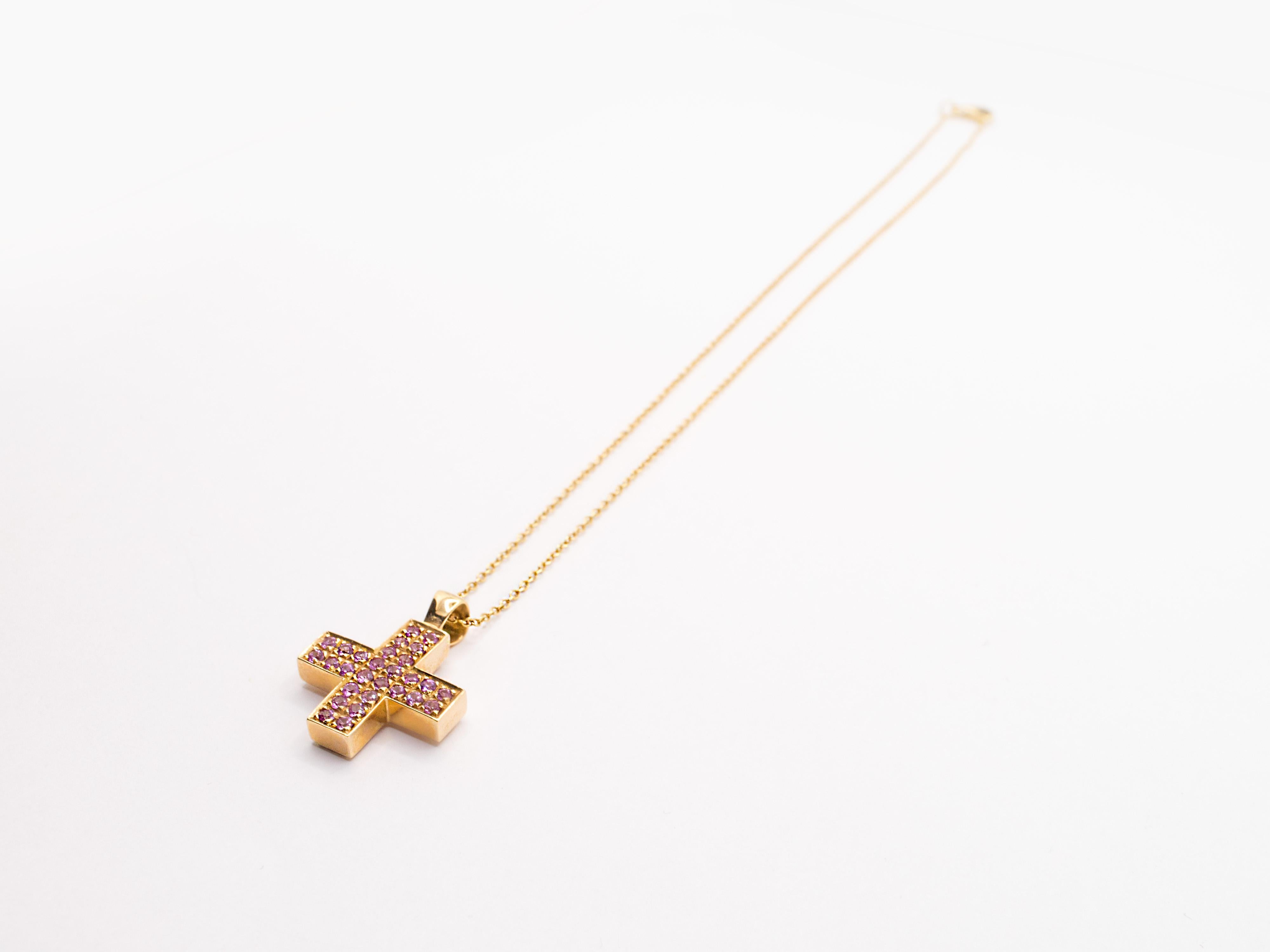 Women's or Men's 18 Kt Rose Gold and Pink Sapphire Cross Necklace For Sale