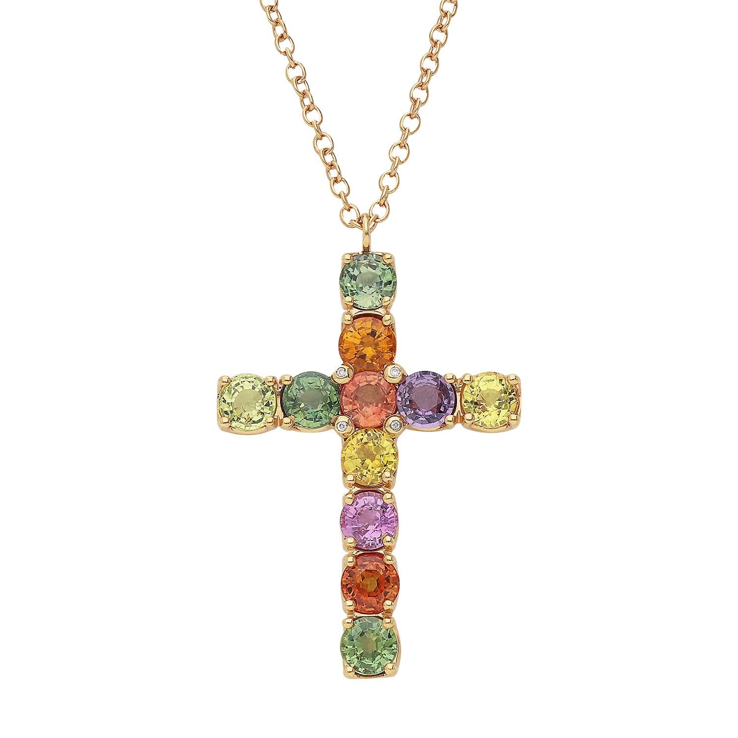 A stunning 18kt rose gold cross pendant choker weighing a total of 11.40 grams with multi-color brilliant-cut sapphires totaling 8.19 carats. On either side of the central sapphire, and on the chain, are brilliant-cut diamonds, color G clarity SI,