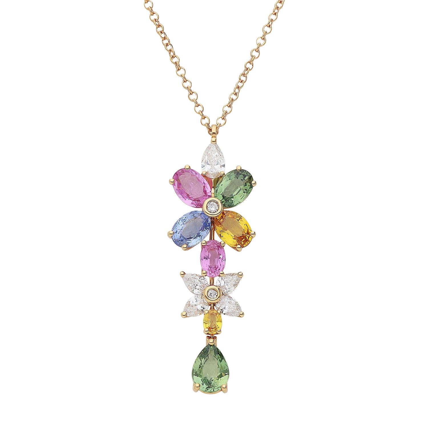 An elegant 18kt rose gold pendant choker weighing a total of 6 grams with a floral motif pendant featuring sapphires and diamonds of different cuts: the multi-color sapphires are oval and teardrop cut, totaling 6.19 carats, while the diamonds are