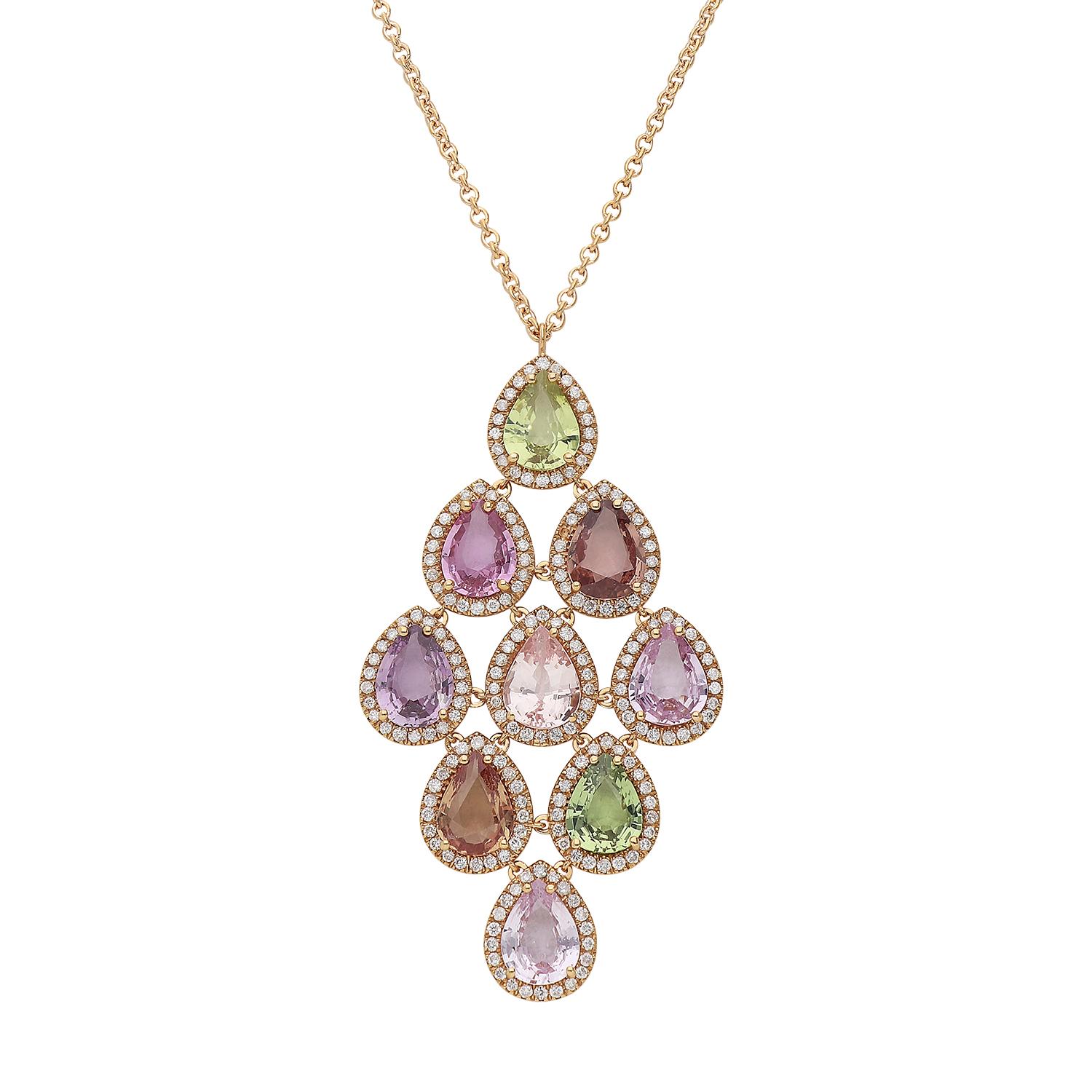 A stunning 18kt rose gold pendant choker weighing a total of 9.40 grams with pendant composed of multi-color drop-cut sapphires. Each sapphire is surrounded by brilliant-cut diamonds, color G SI clarity. The total weight of sapphires is 10.23 carats
