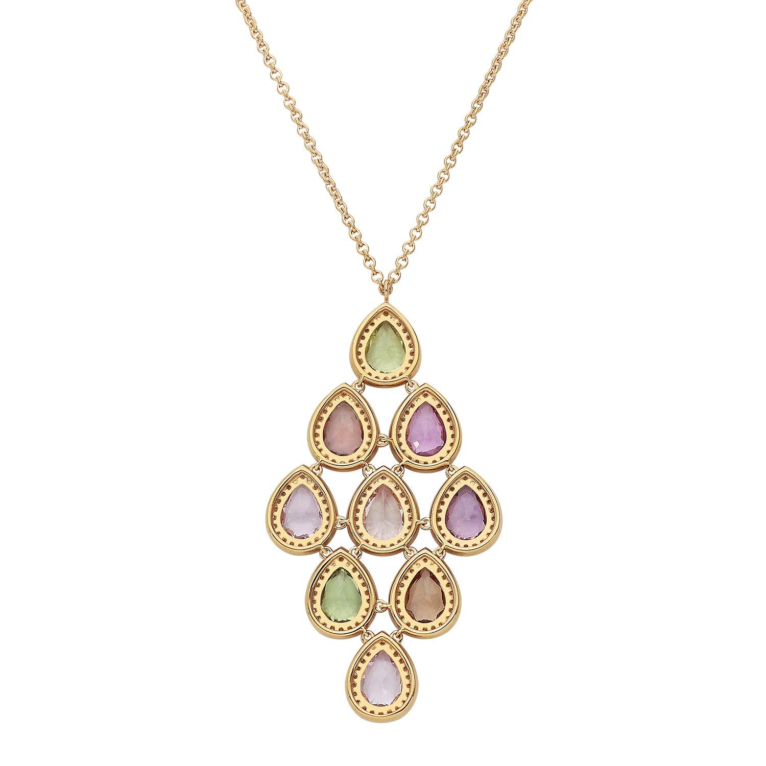 Pear Cut 18kt Rose Gold Necklace Pendant with White Diamonds and Multicolor Sapphires For Sale