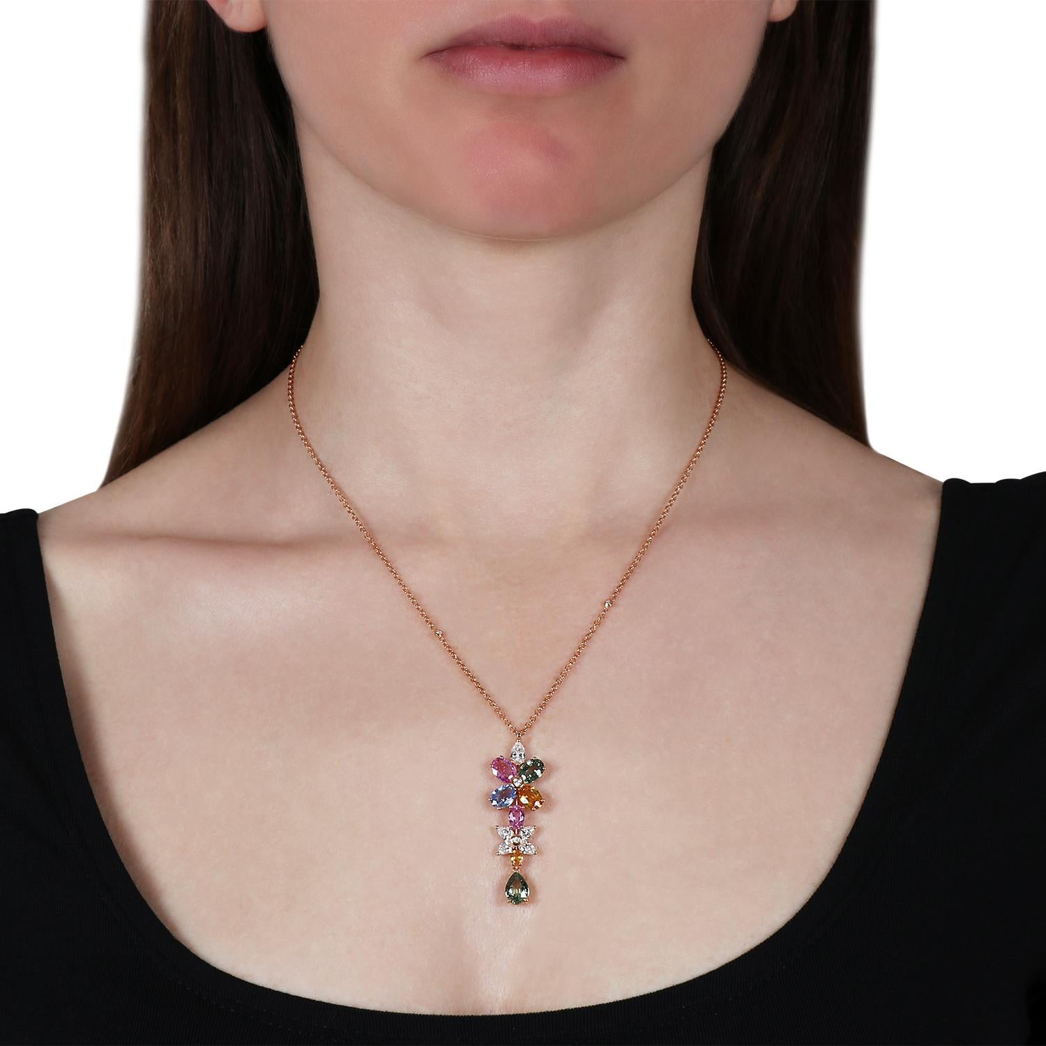 Women's 18kt Rose Gold Necklace Pendant with White Diamonds and Multicolor Sapphires For Sale