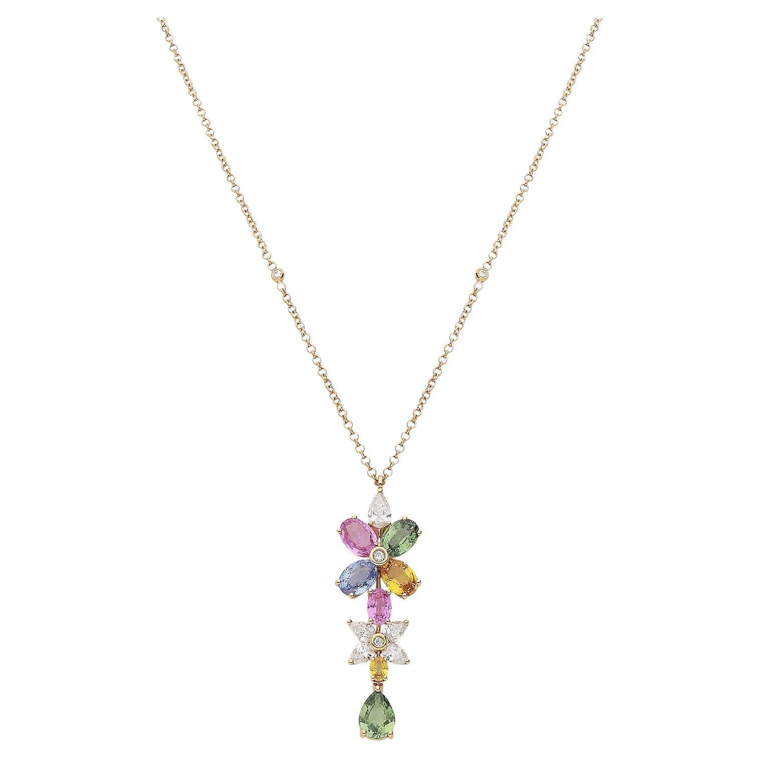 18kt Rose Gold Necklace Pendant with White Diamonds and Multicolor Sapphires For Sale