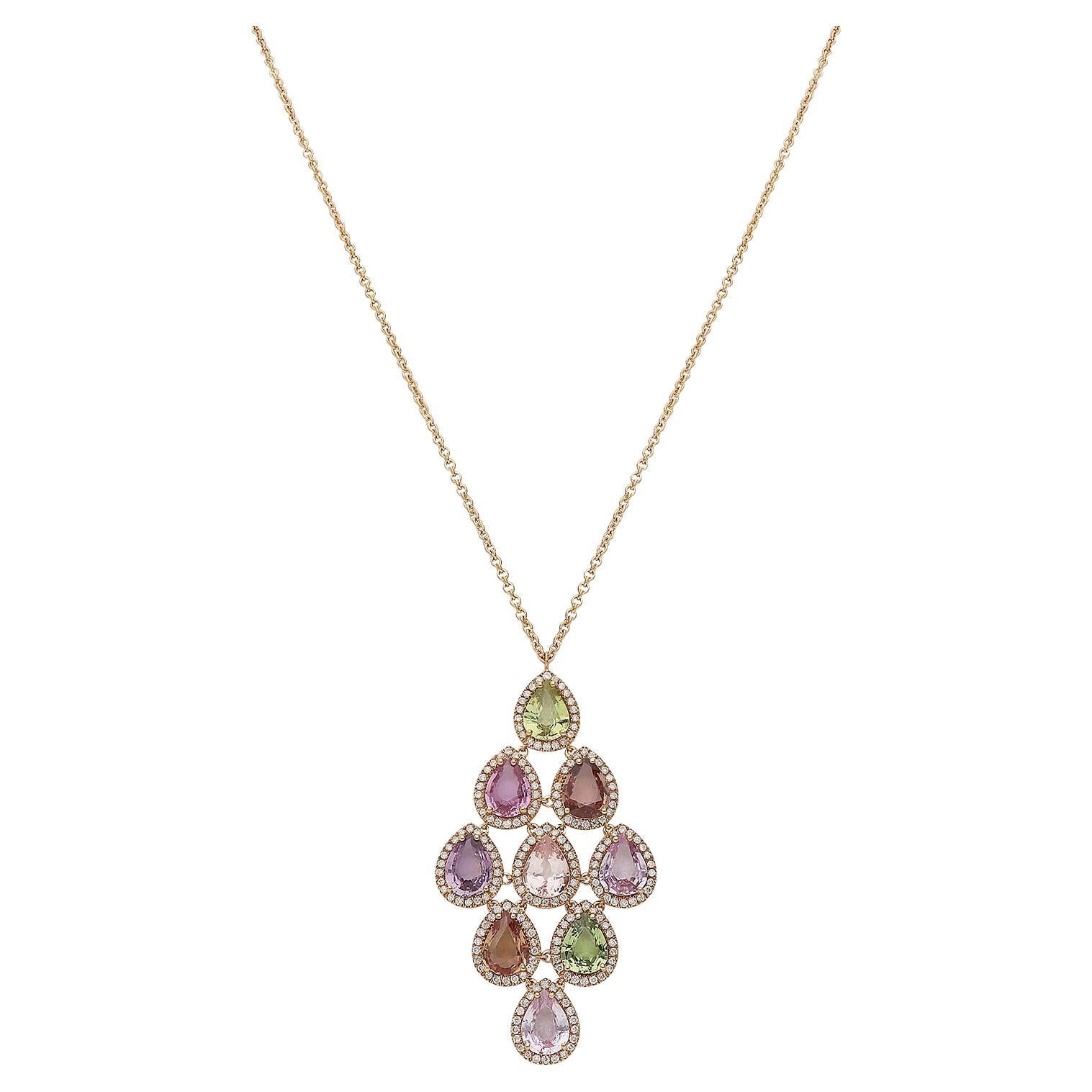18kt Rose Gold Necklace Pendant with White Diamonds and Multicolor Sapphires For Sale