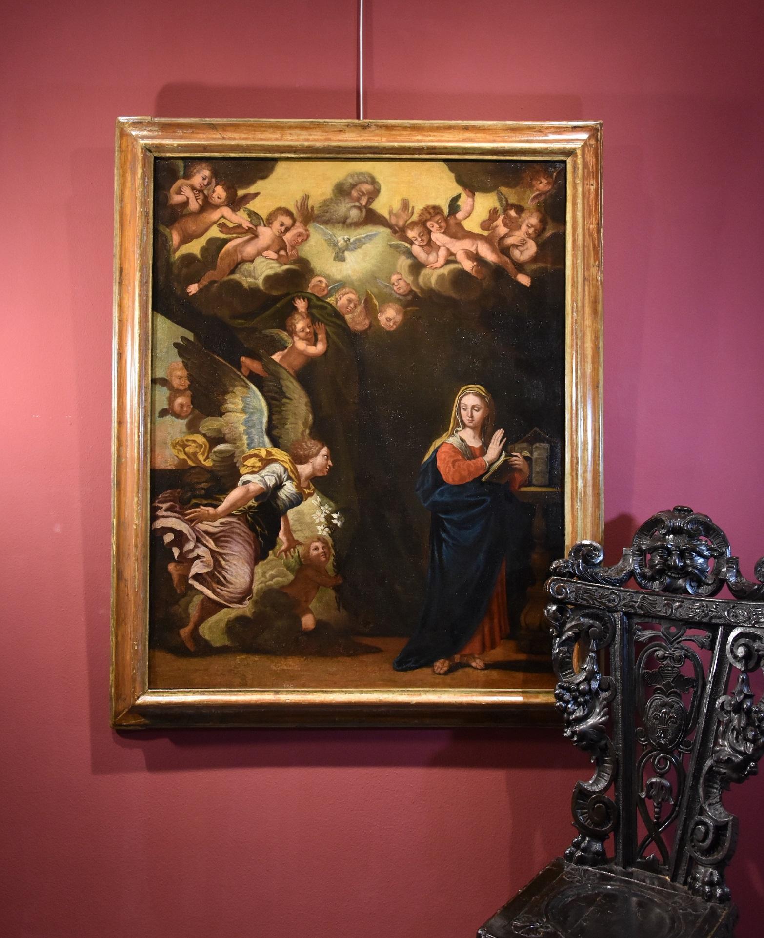 Annunciation Bonini Paint Oil in canvas Old master 17th Century Leonardo Italy For Sale 8