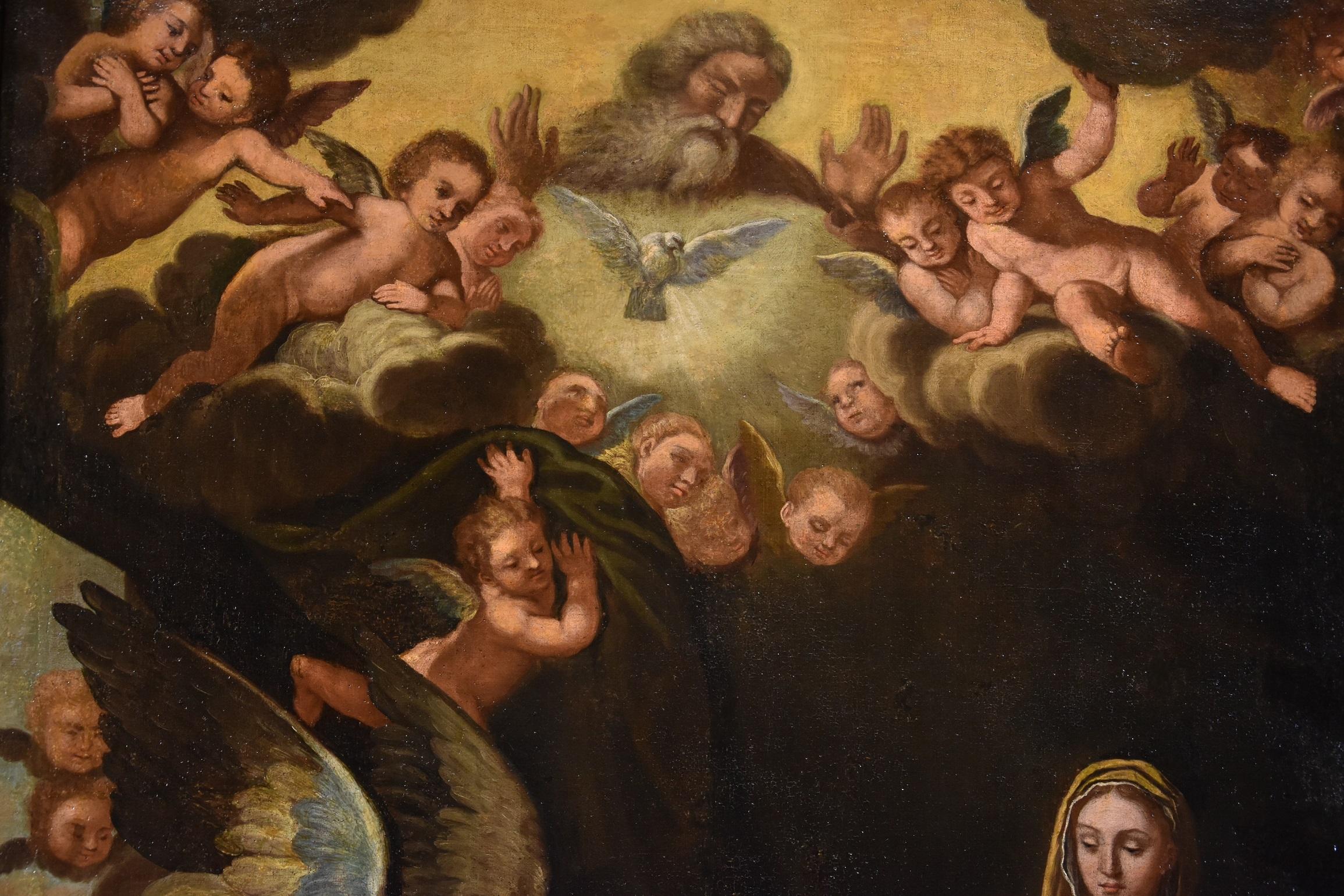 Annunciation Bonini Paint Oil in canvas Old master 17th Century Leonardo Italy For Sale 1