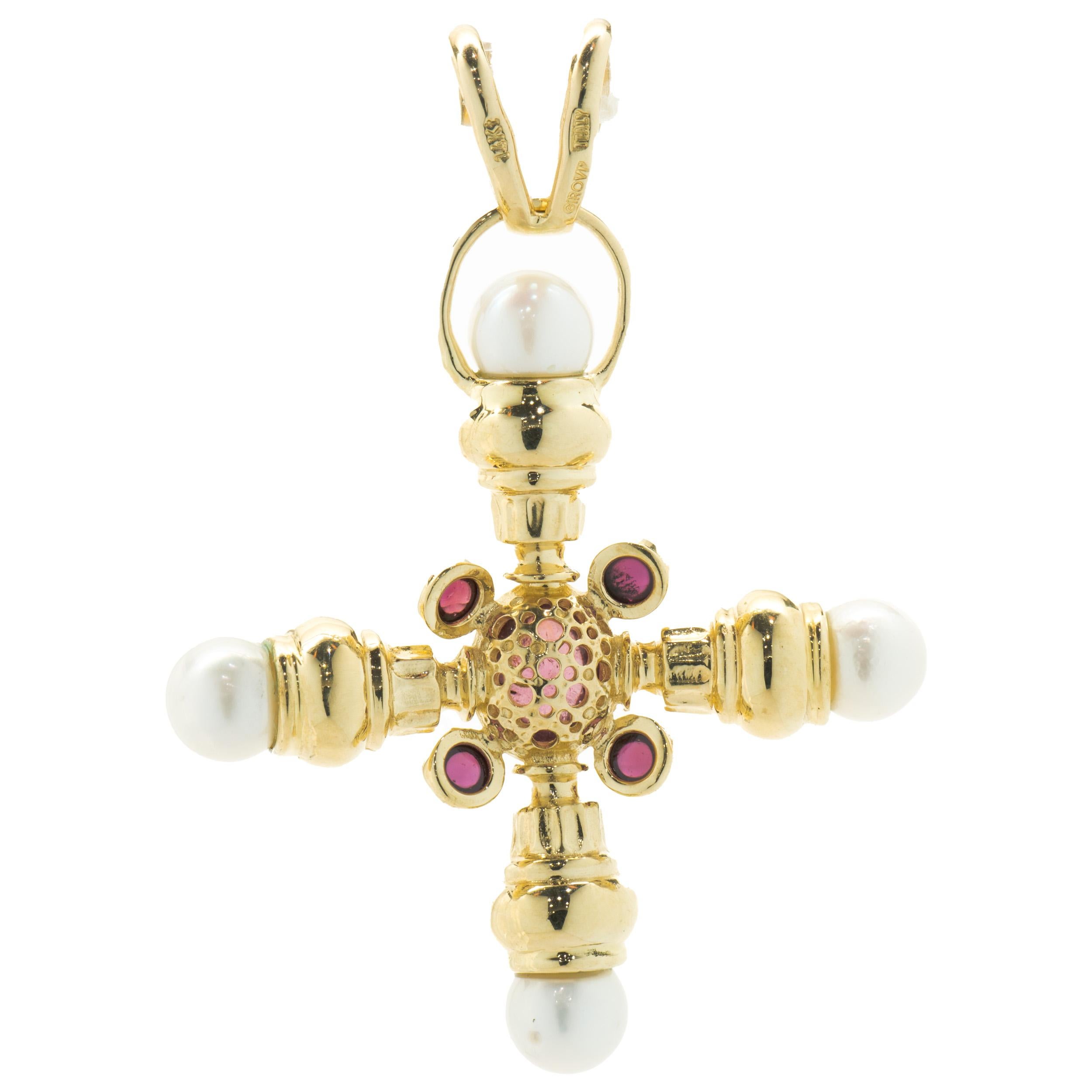 Designer: Girovi
Material: 14K yellow gold
Garnet: 5 cabochon cut = 3.00cttw
Dimensions: pendant measures 16.5 x 60.5mm
Weight: 16.35 grams