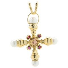 Girovi 14 Karat Yellow Gold Cabochon Garnet and Pearl Cross Pendant