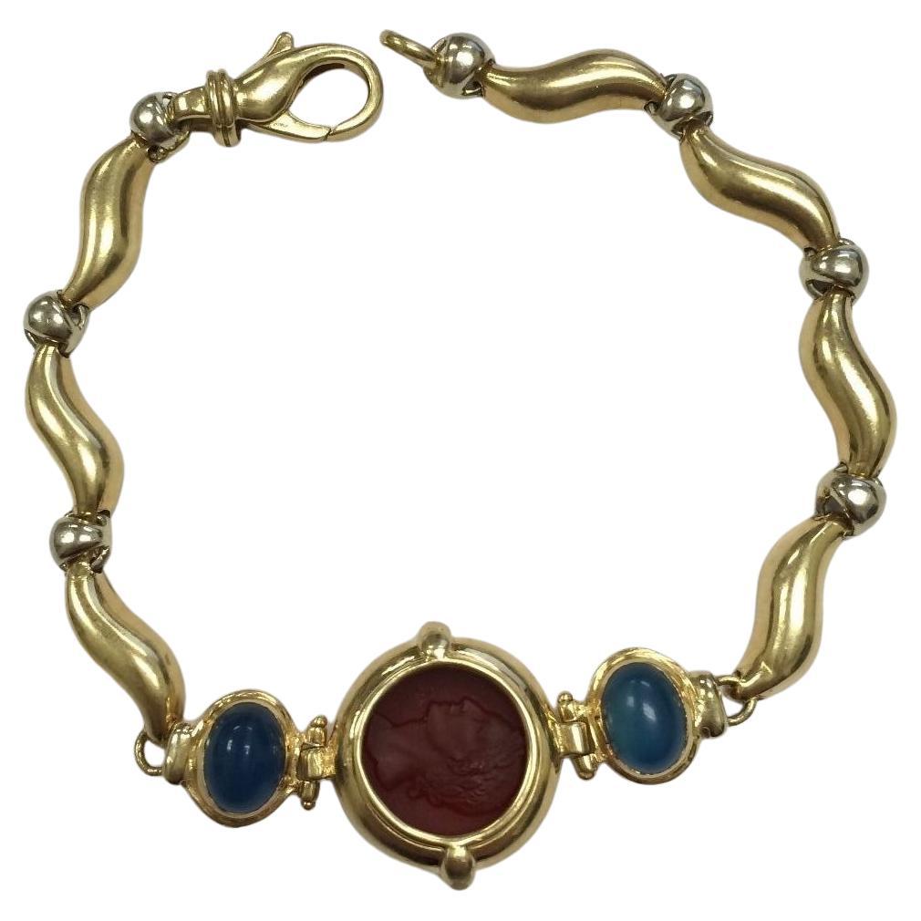 Girovi Cameo Carnelian Inlay and Sapphire 18K Solid Yellow Gold Bracelet For Sale