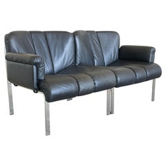 Girsberger “Eurochair” Sofa by Hans Eichenberger, Black Leather and Chrome, 1970