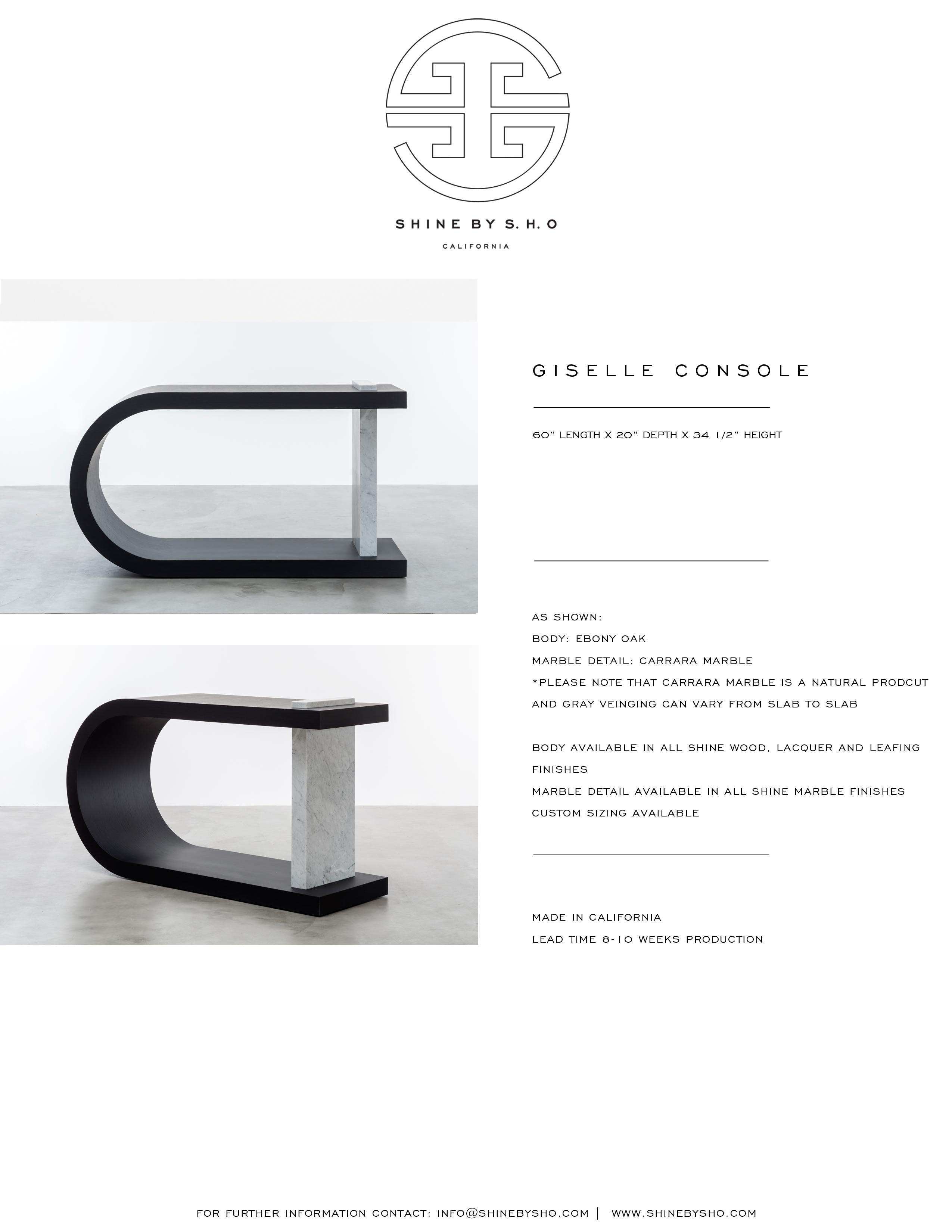 TABLE CONSOLE GISELE - Table moderne en noyer incurvé et détails en marbre en vente 2