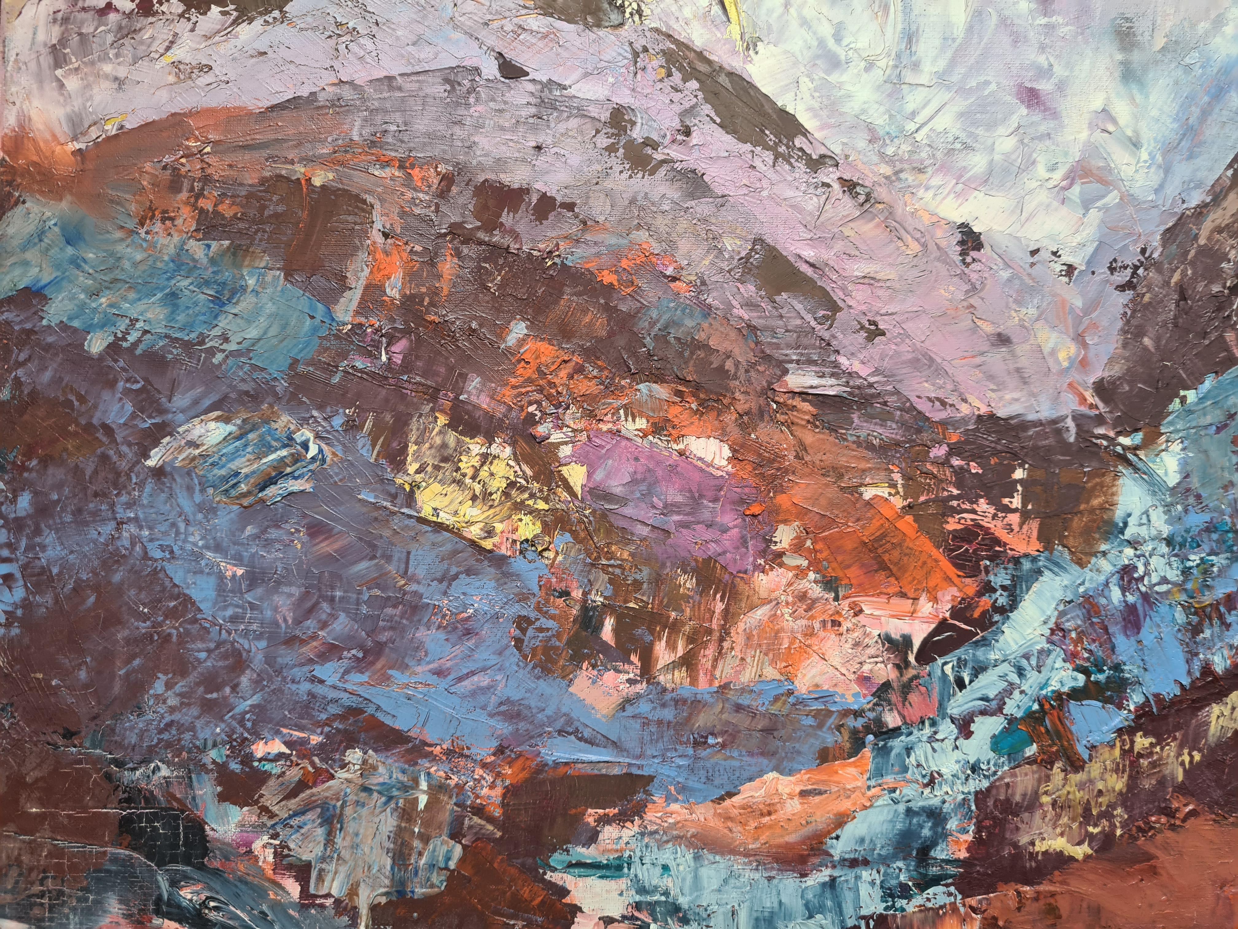 Olio espressionista su tela della metà del secolo scorso, Rêve Mauve - Landscape Painting Grigio di Gisele Grant-Gapail