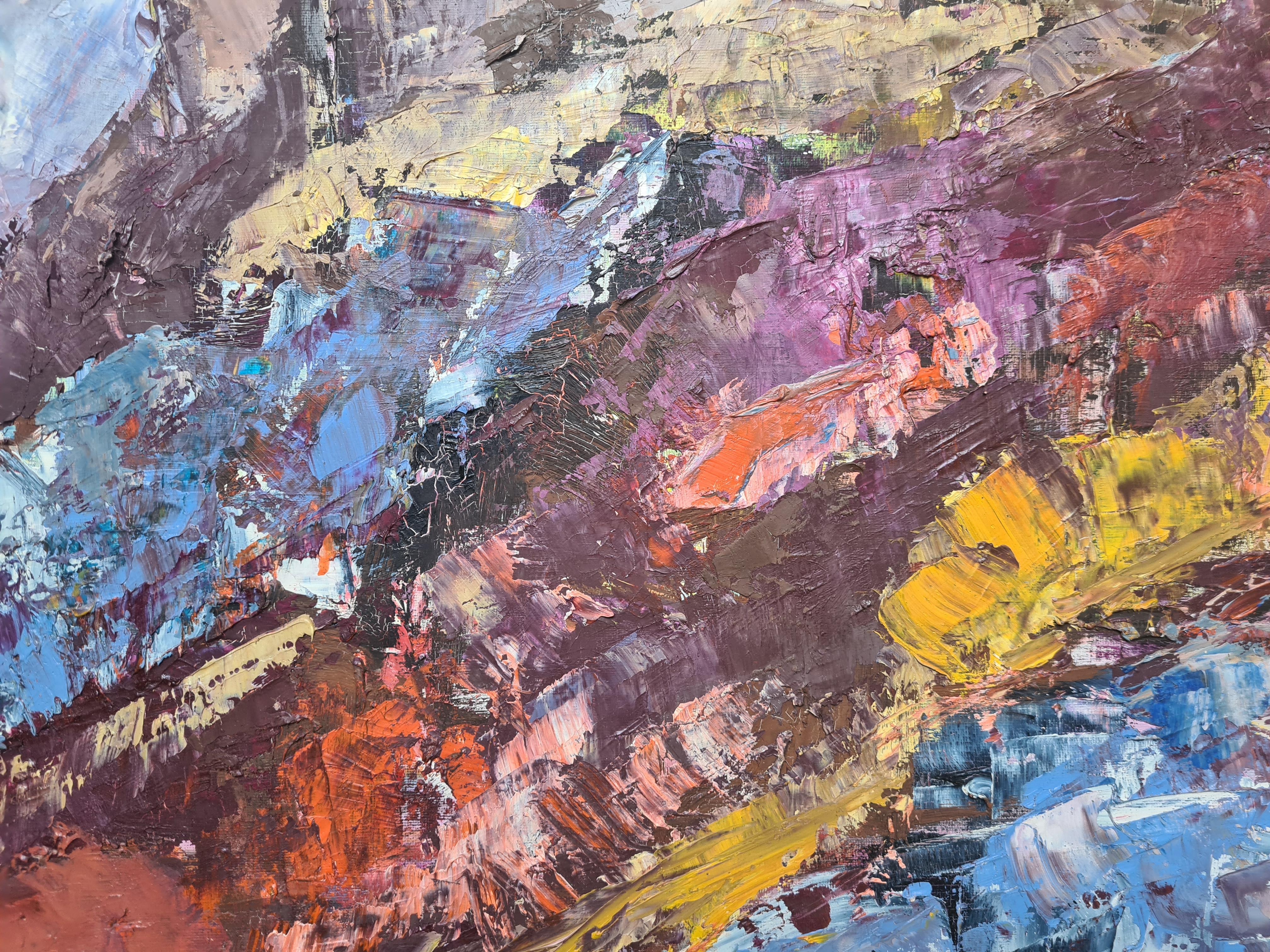 Olio espressionista francese su tela di un paesaggio immaginario di Gisele Grant-Gapail. Il dipinto è firmato, intitolato e datato sul retro della tela.

Un'esplosione di colori forte e d'impatto, come suggerisce il titolo: malva, blu, giallo,