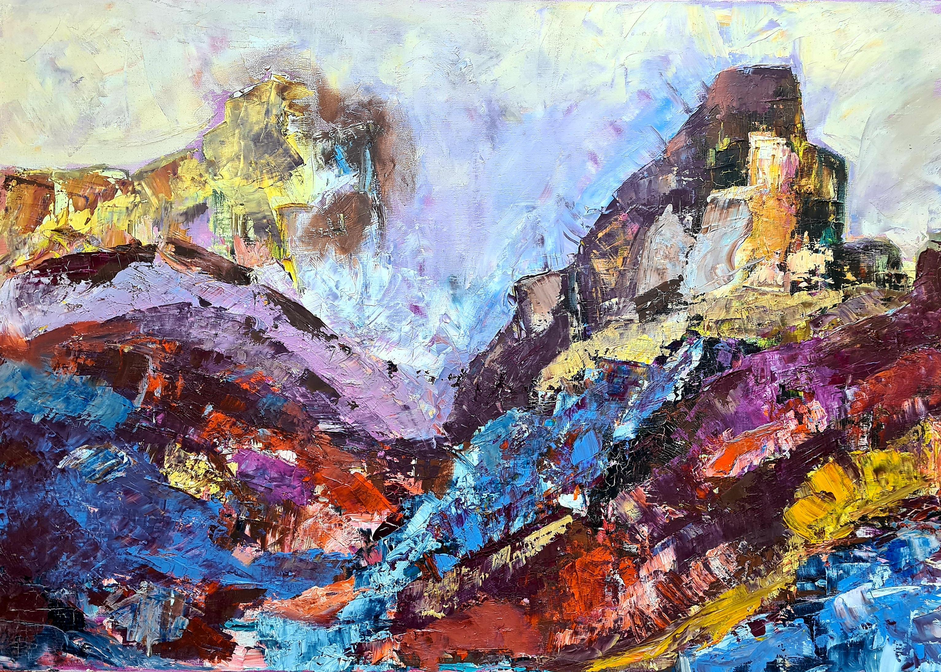 Landscape Painting di Gisele Grant-Gapail - Olio espressionista su tela della metà del secolo scorso, Rêve Mauve