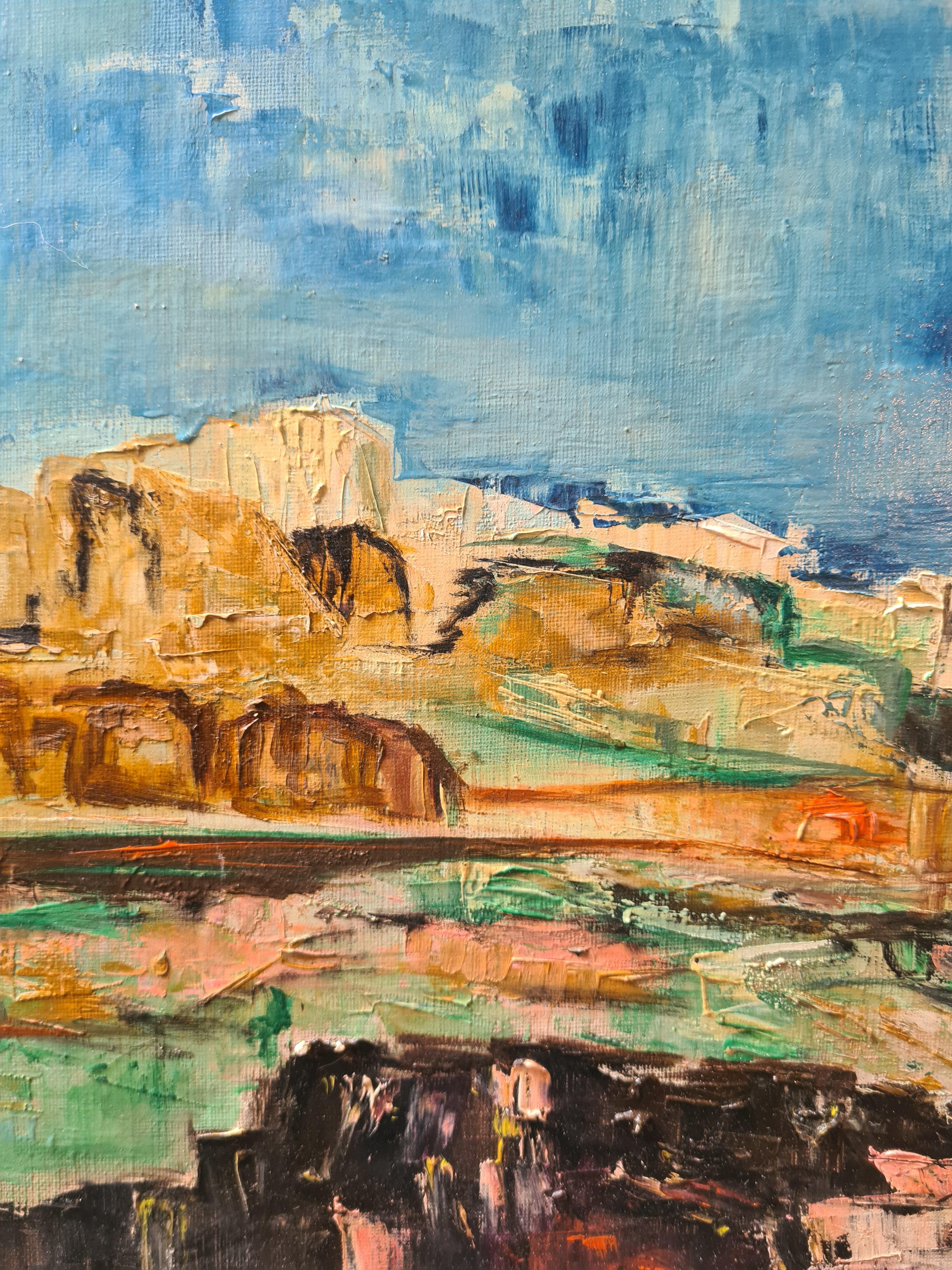 Mid Century Französisch Expressionist Öl auf Leinwand, Vers La Durance (Grau), Landscape Painting, von Gisele Grant-Gapail