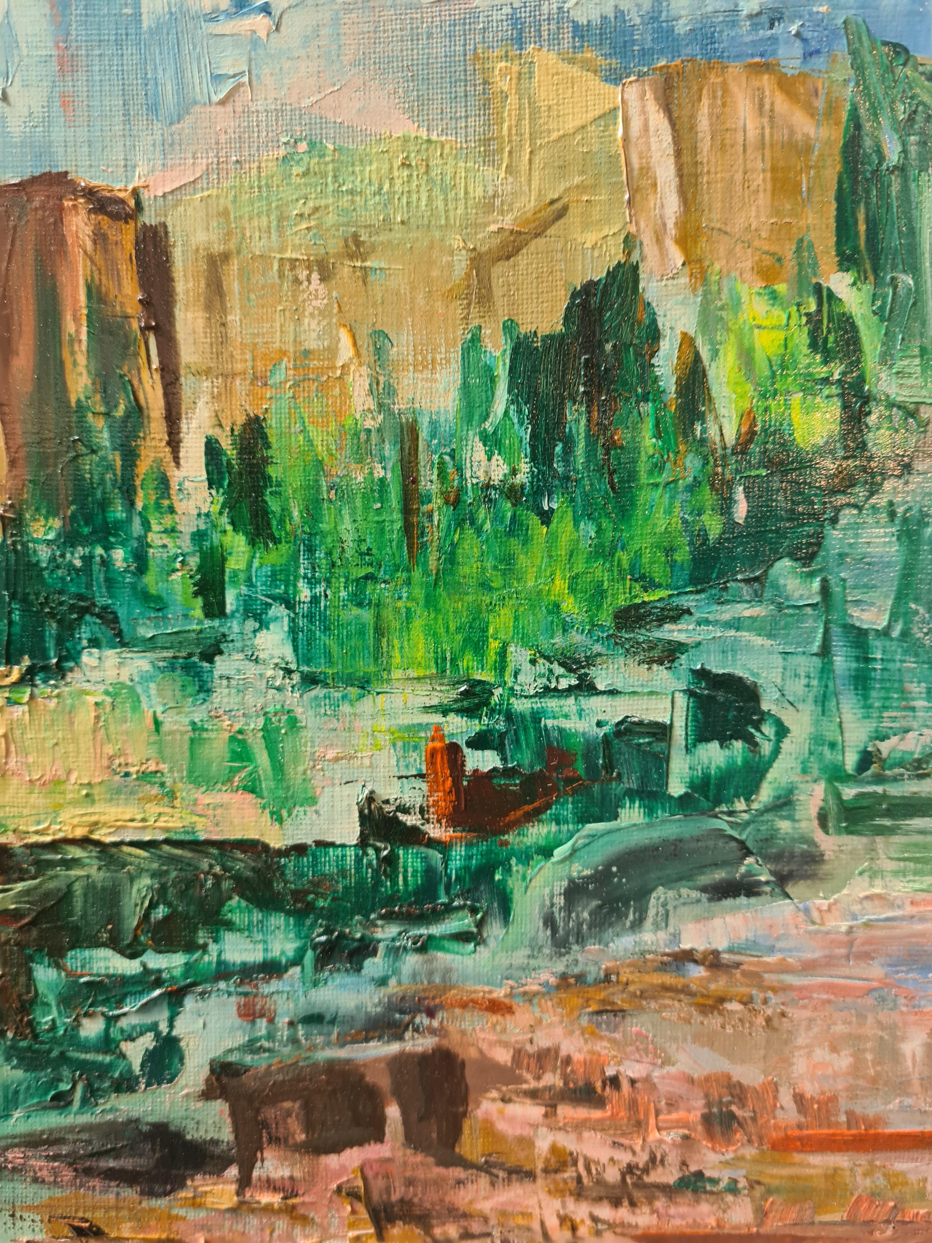 Französisches expressionistisches Öl auf Leinwand mit einer Fluss- und Berglandschaft von Gisele Grant-Gapail. Das Gemälde ist unten rechts paraphiert, auf der Rückseite der Leinwand signiert und datiert und auf dem hinteren Keilrahmen