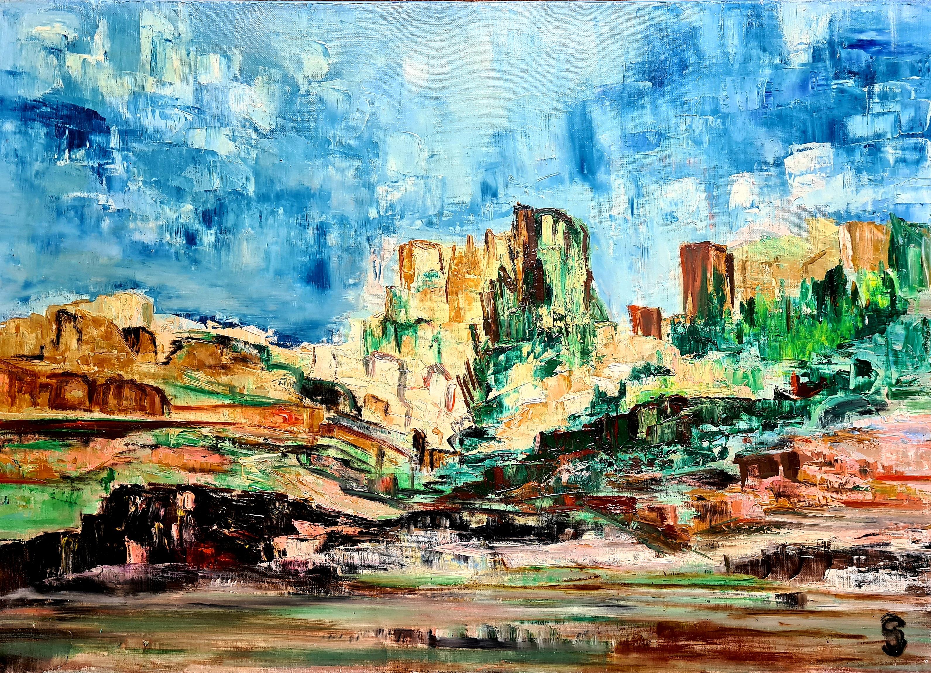 Gisele Grant-Gapail Landscape Painting – Mid Century Französisch Expressionist Öl auf Leinwand, Vers La Durance