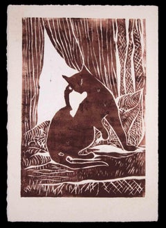 Le Chat - Original Woodcut by Giselle Halff  - Mid-20th Century