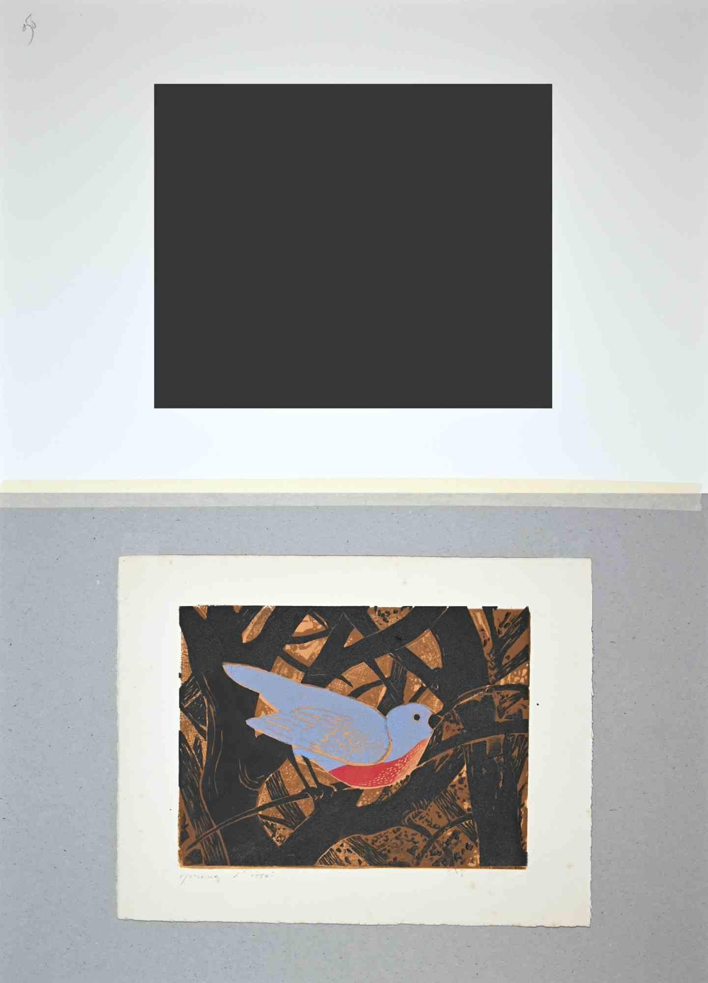 Vogel in den Zweigen – Original Holzschnitt von G. Halff – Mitte des 20. Jahrhunderts – Print von Giselle Halff