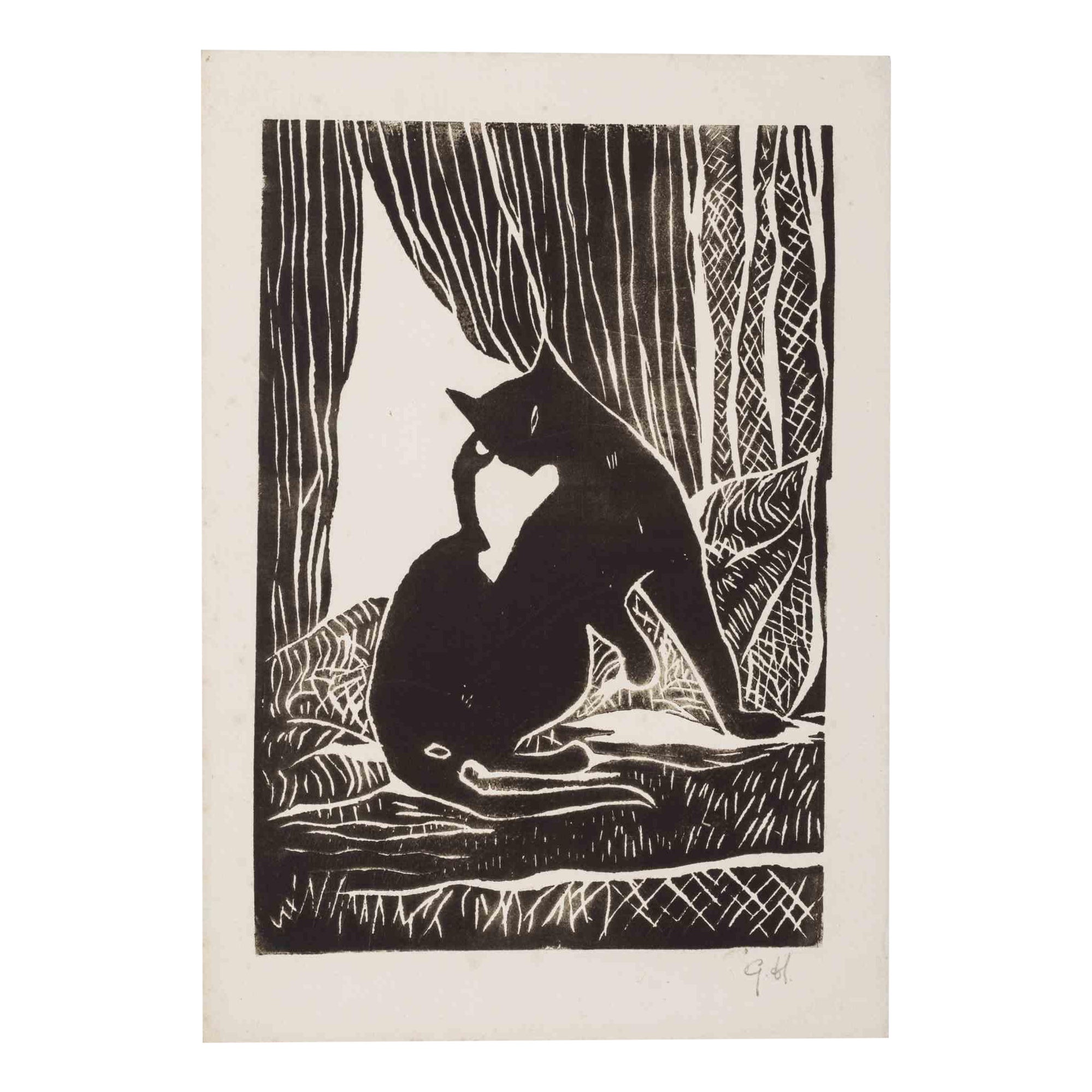 Chat -  Gravure sur bois originale de Giselle Halff - Milieu du 20e siècle