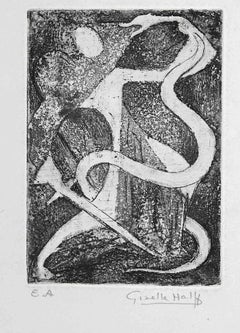 Knight fighting with Serpent - Original Etching by Giselle Halff - 1950s