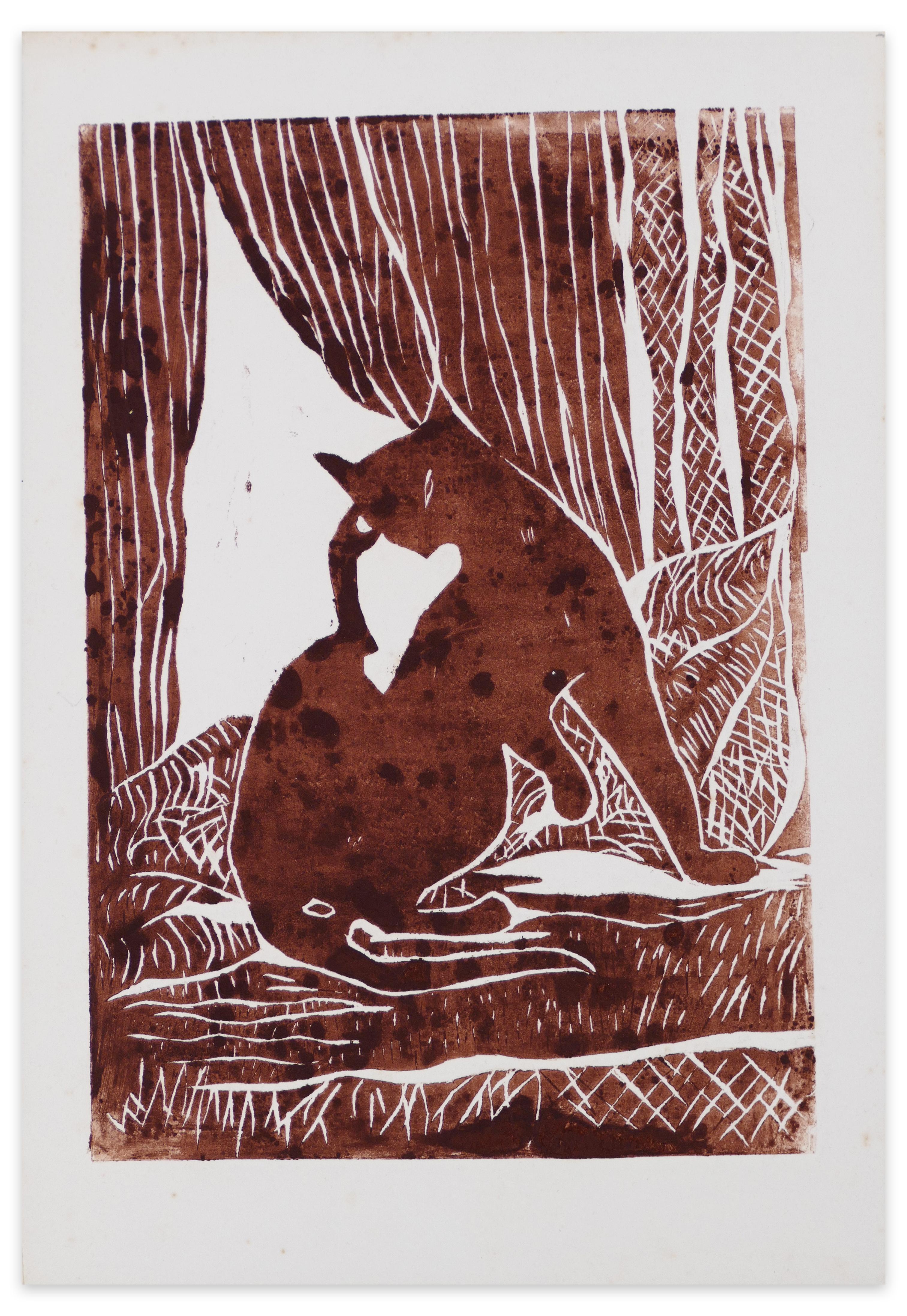 Giselle Halff Figurative Print - Le Chat (The Cat) - Original Woodcut Print by G. Halff