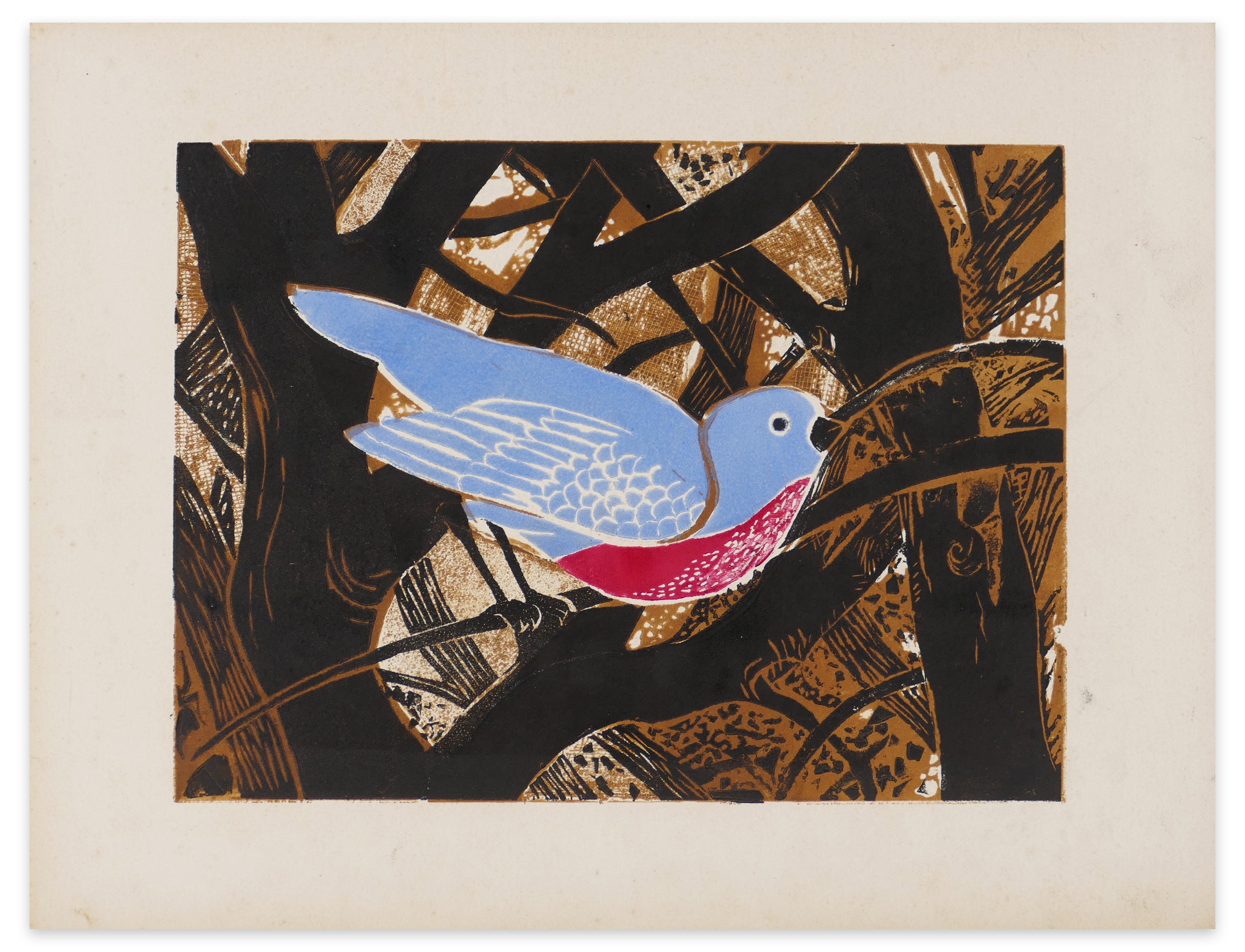 Figurative Print di Giselle Halff - Oiseau Bleu - Stampa xilografica di G. Halff - Fine 1900
