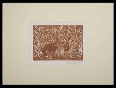 Rabbits - Original Woodcut Print by Giselle Halff - 1950s